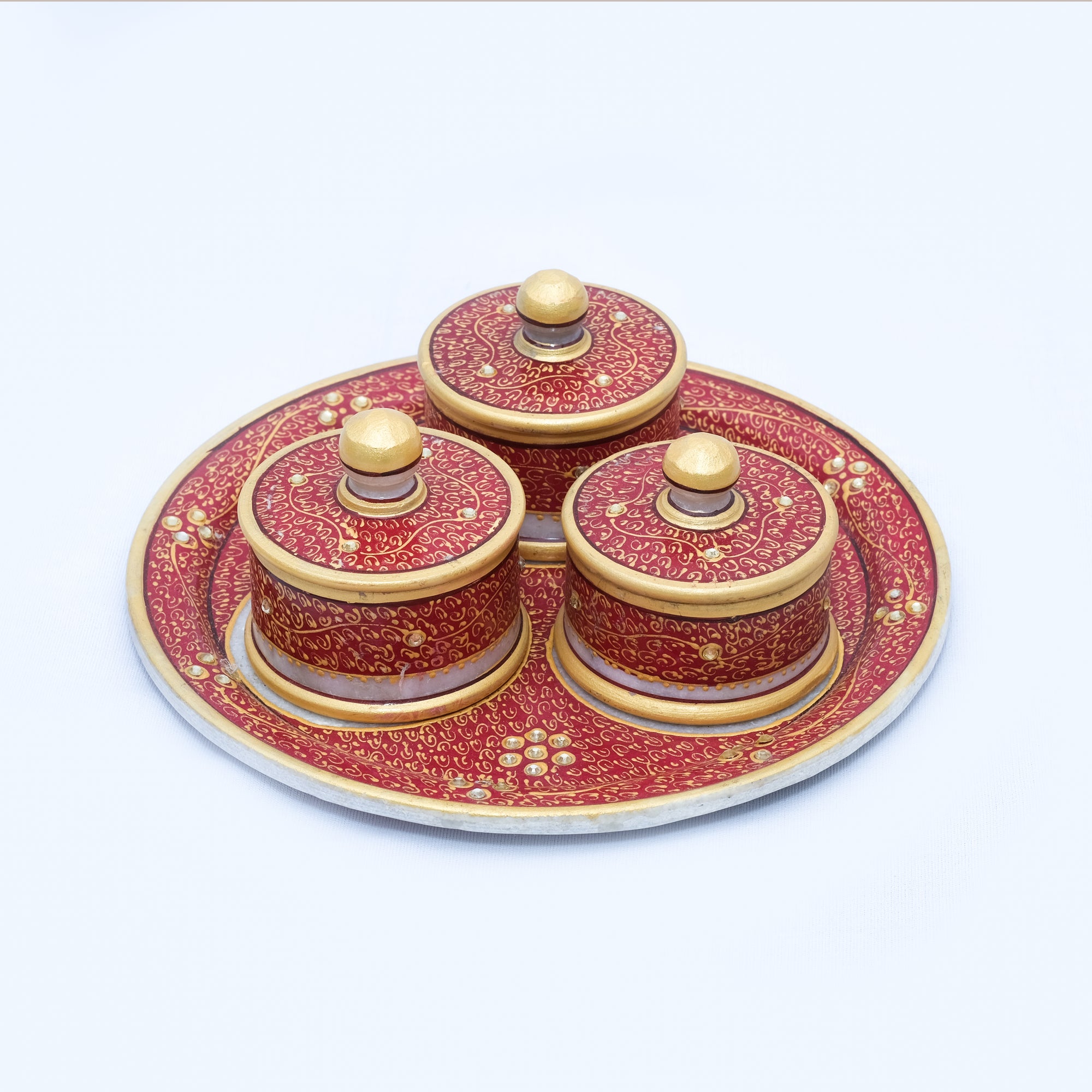 Marble Tray Set with 3 Round Boxes Round shaped Minakari Handpainted Work Red Color - 3 x 9 x 9 inches