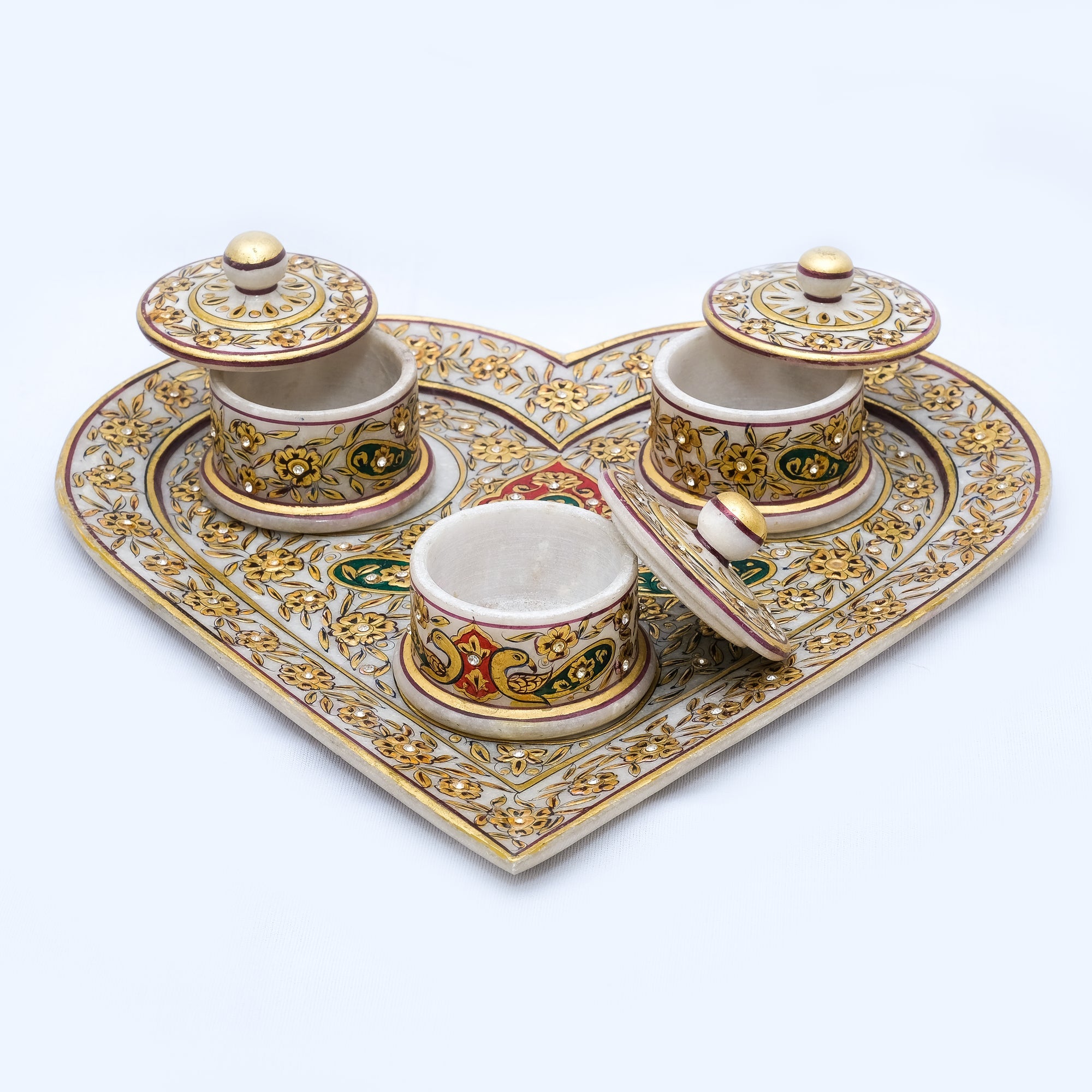 Heart-shaped Marble Tray Set with 3 Round Boxes Minakari Handpainted Tray - 3 x 12 x 12 inches