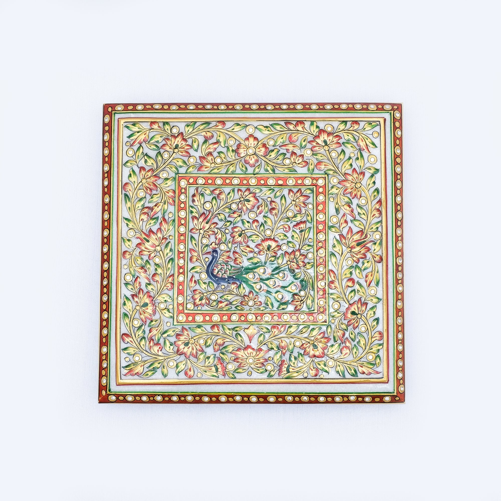 Marble Chowki Square Shaped Minakari Handpainted Chowki With Kundan Work - 2 x 9 x 9 inches