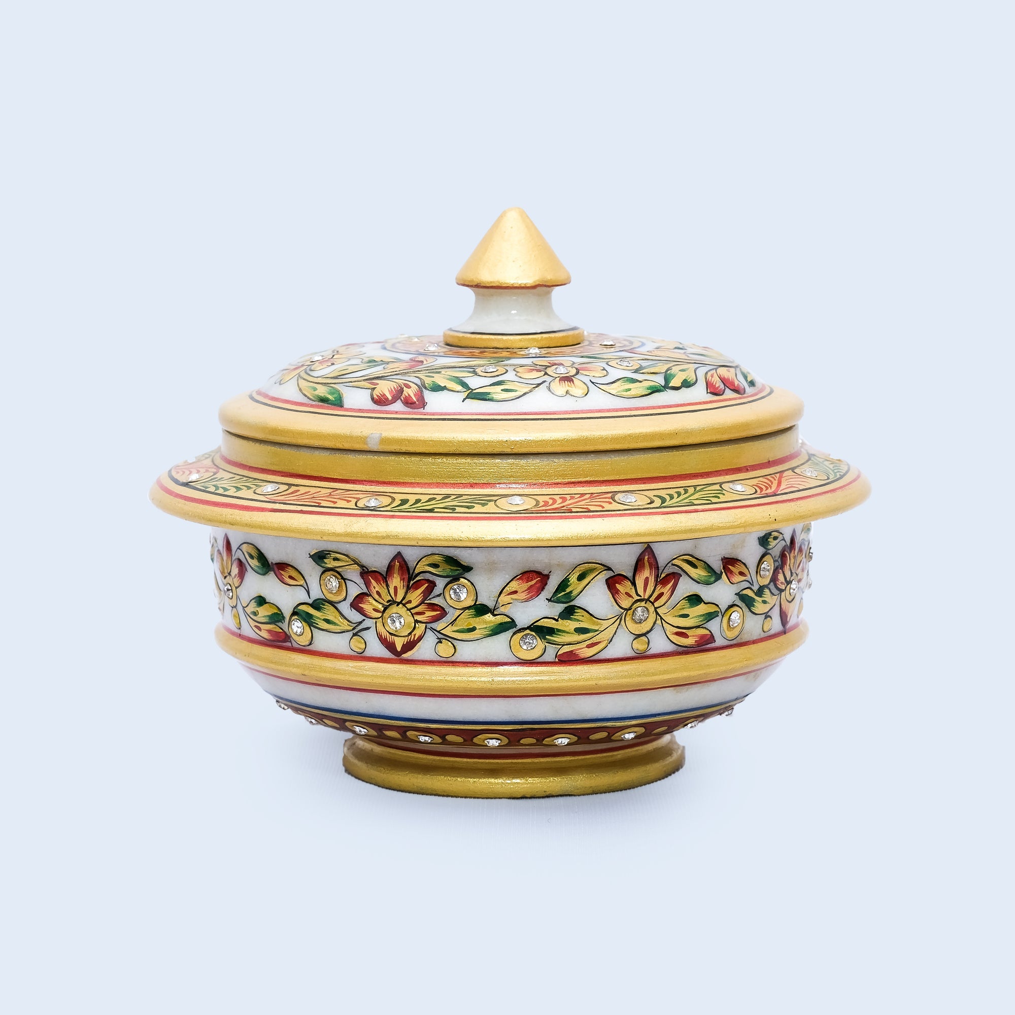 Golden Round Shaped Marble Minakari Handpainted Golden Bowl with Conical Top - 5 x 6 x 6 inches