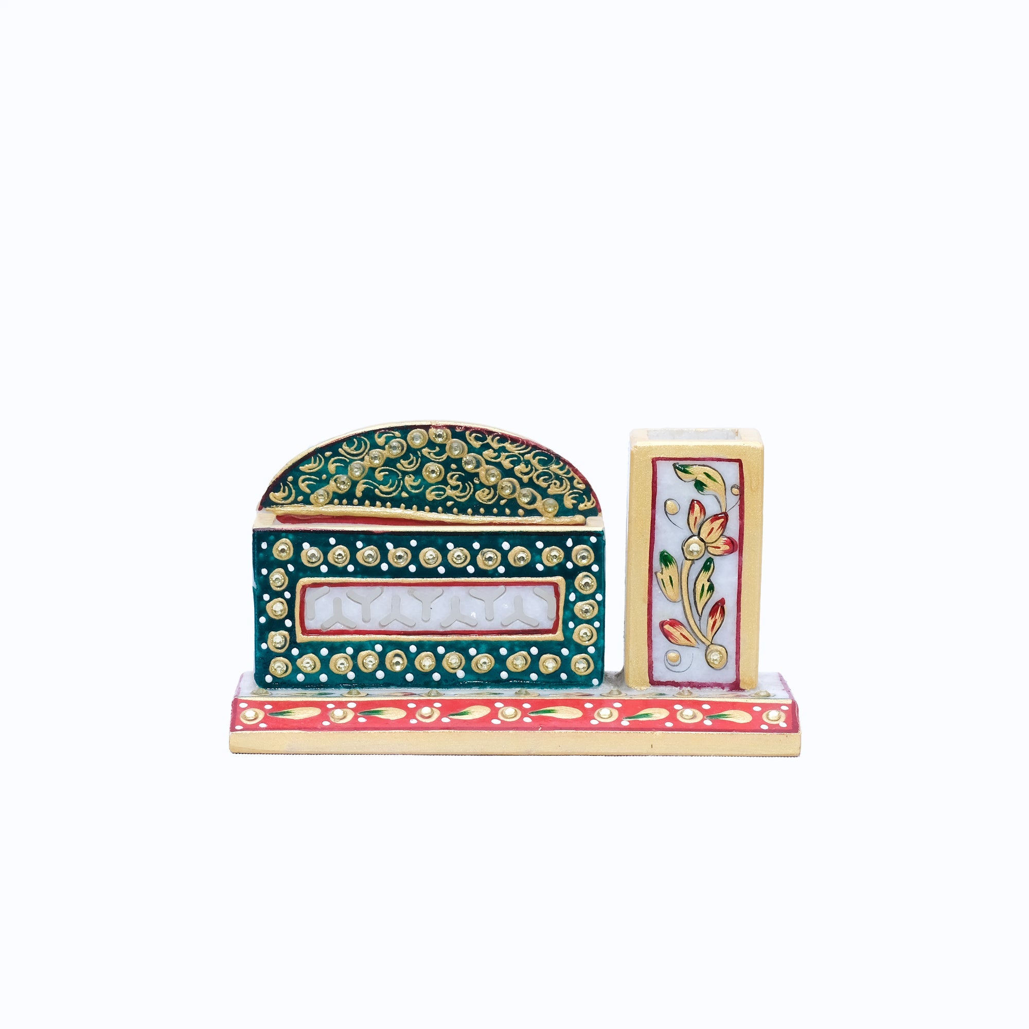 Marble 2 Sectioned Minakari Handpainted Card Holder/Pen Stand - 4 x 6 x 3 inches