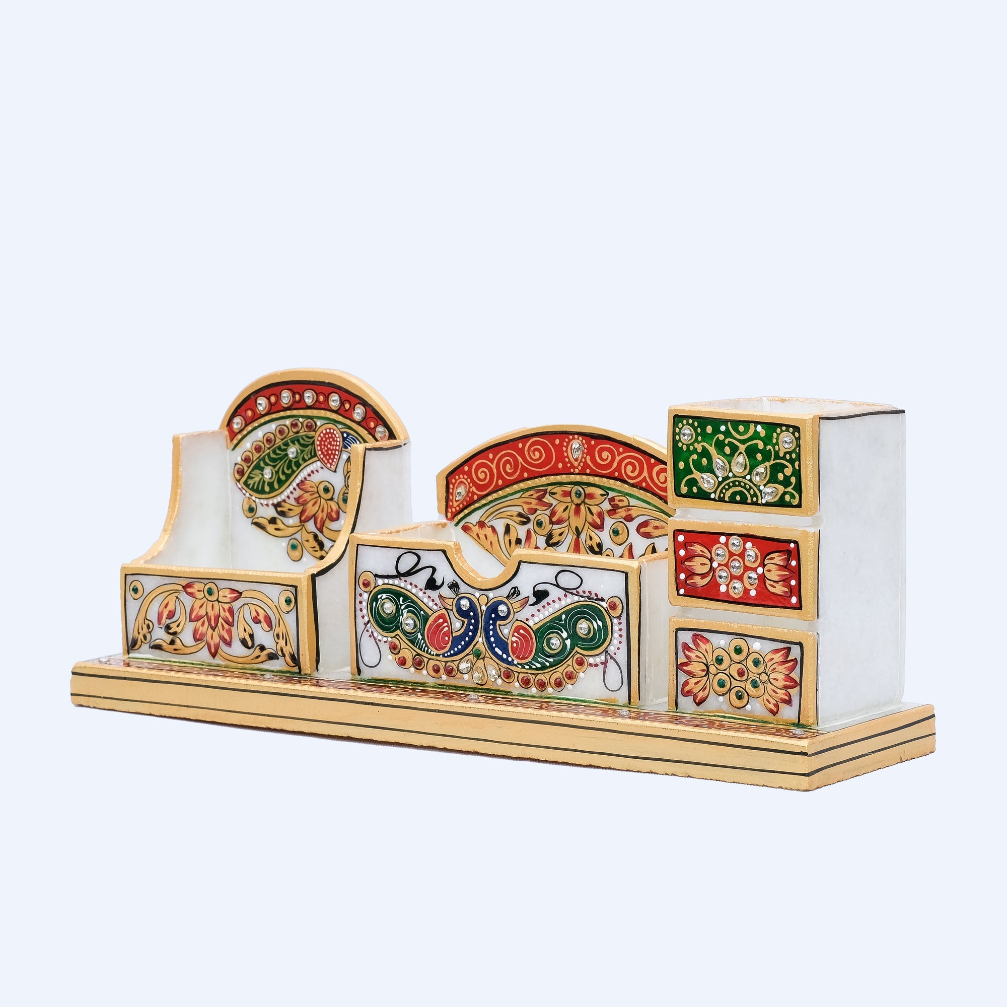 Large 3 Sectioned Handpainted Minakari Marble Card Holder/Pen Stand - 5 x 12 x 3 inches