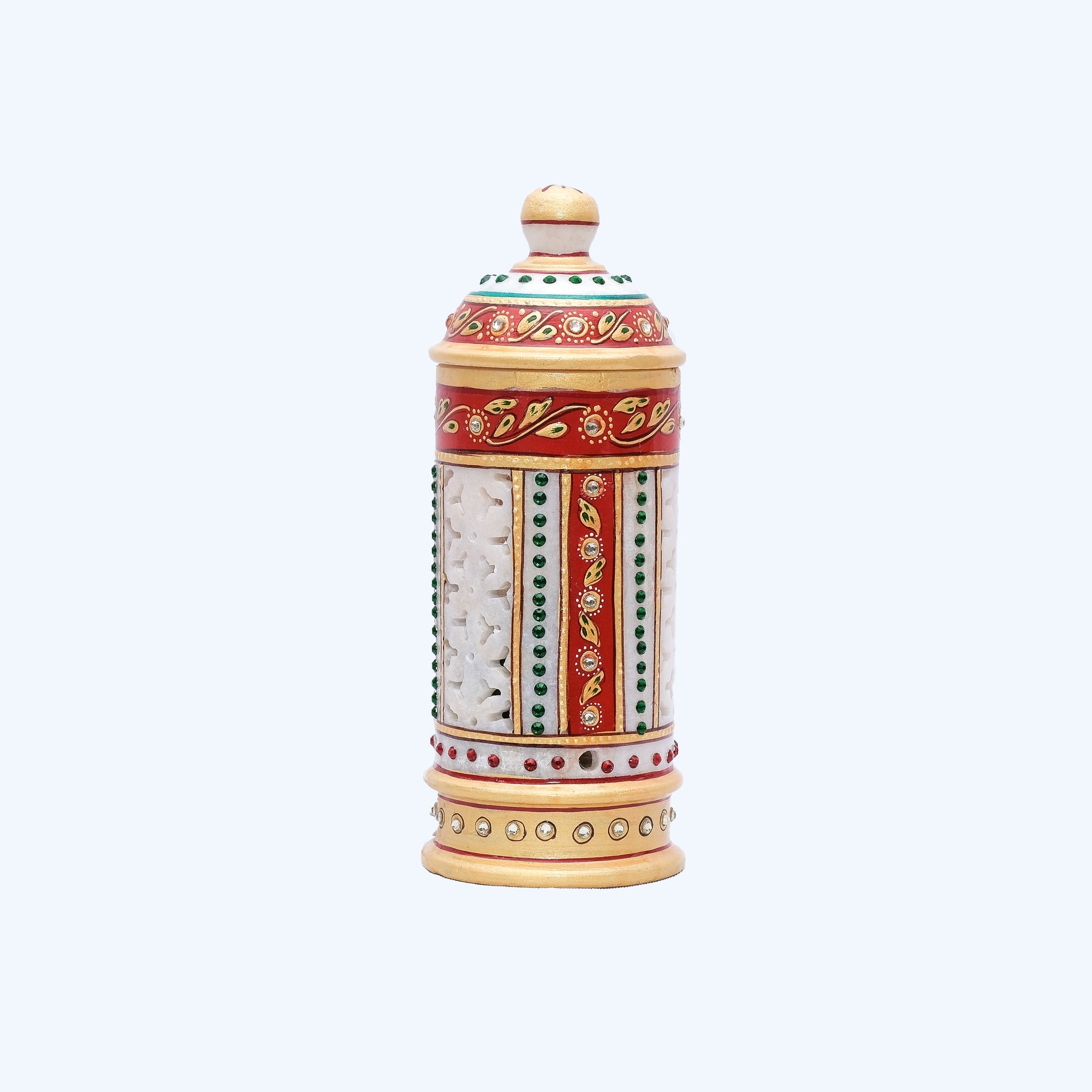 Marble Round Shaped Handpainted Minakari Lamp with Jali work - 9 x 3 x 3 inches