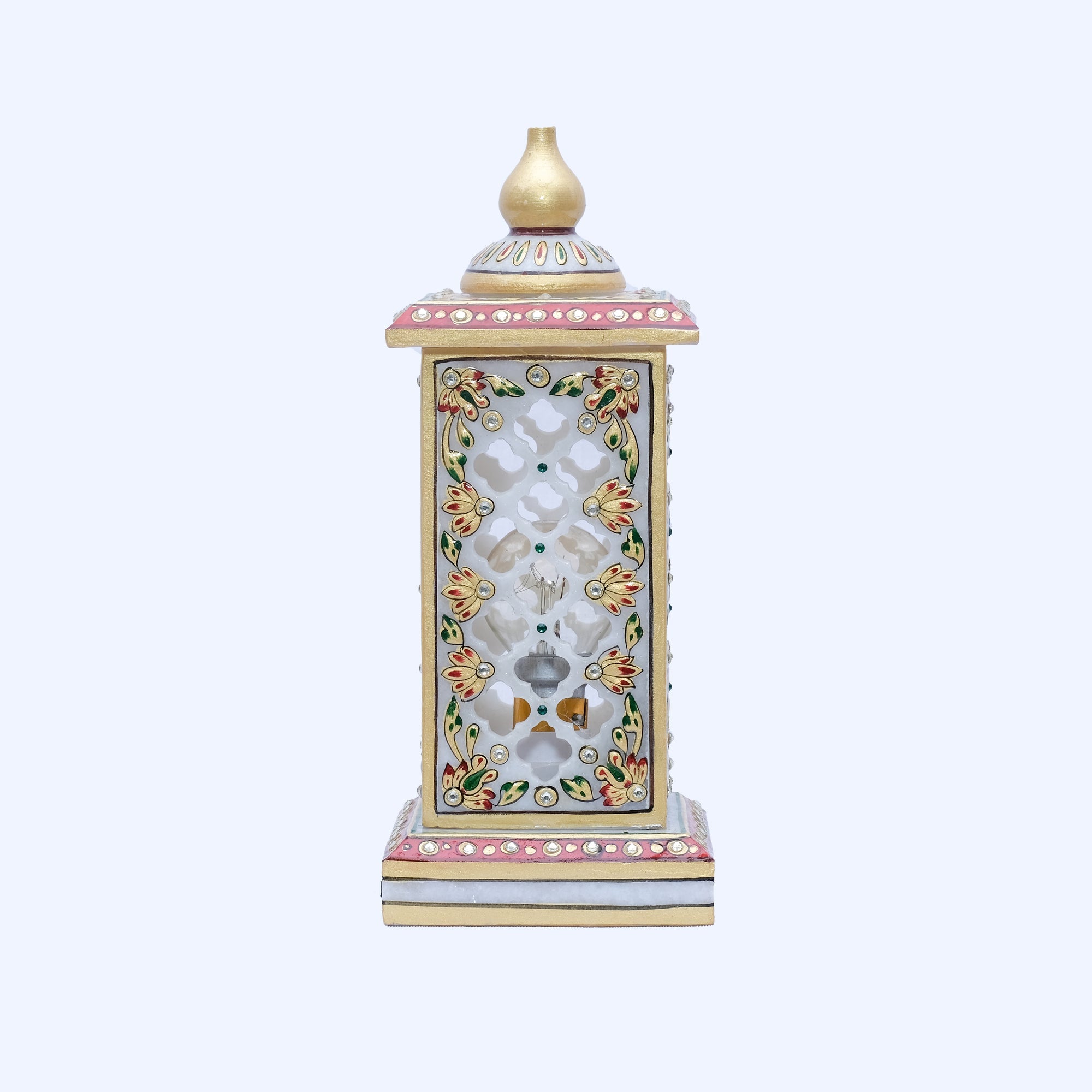 Marble Rectangular Handpainted Minakari Lamp with Jali work - 10 x 4 x 4 inches