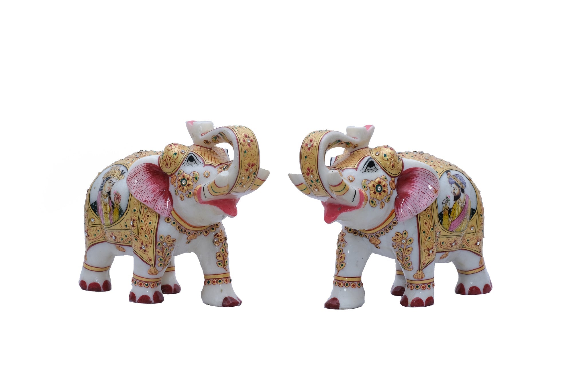 Marble Elephants with Mumtaz and Shahajahan Portraits on their Caparison - 9 x 10 x 15 inches