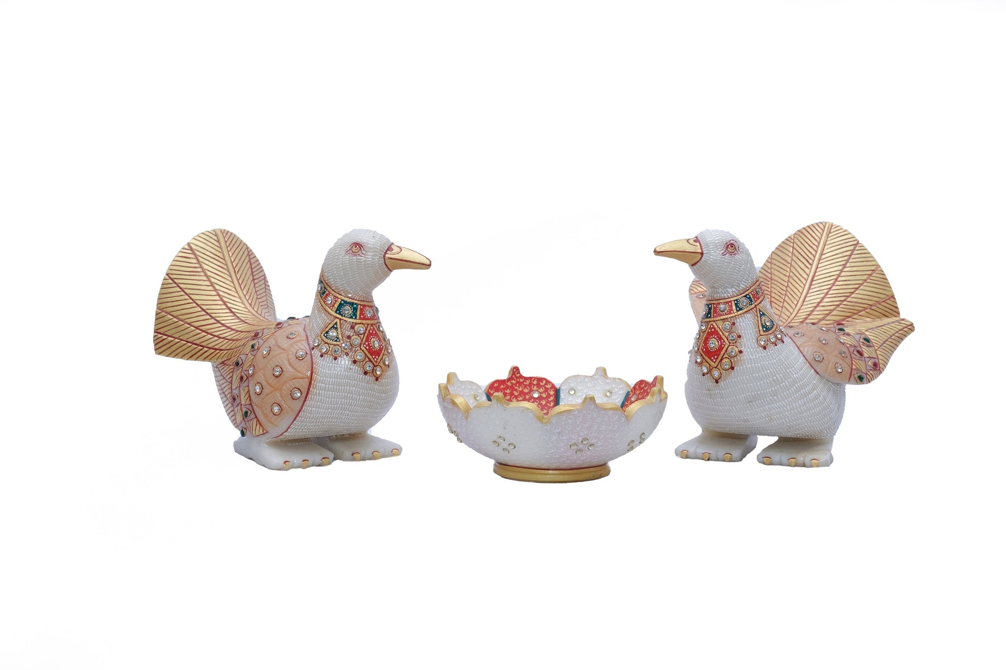 Birds Pigeons With Bowl Gold Work Set Of 2 - 2 x 5 x 5inches