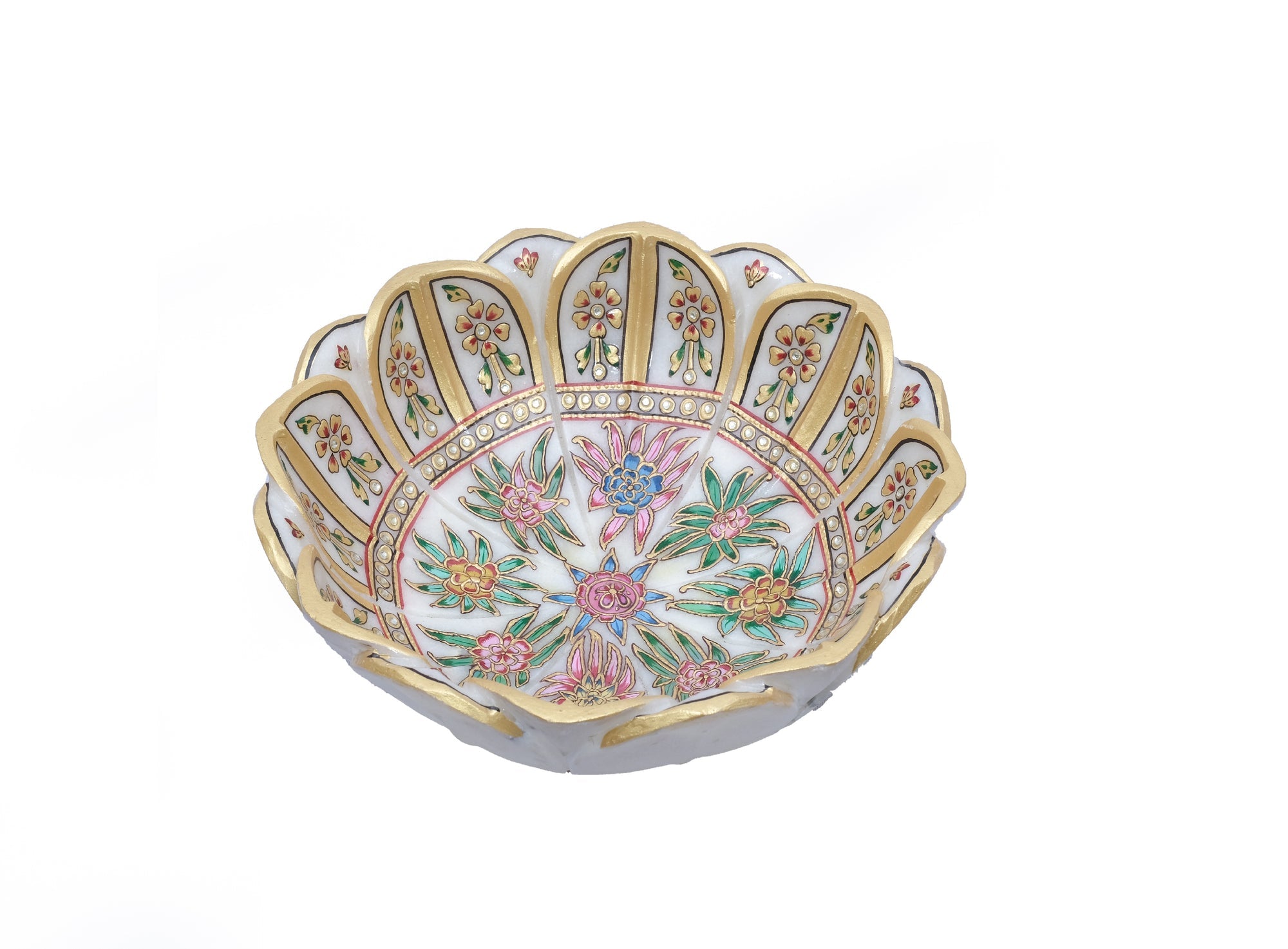 Round Handpainted Marble Minakari Bowl With Flower Artwork For Serving Food - 4 x 12 x 12 inches