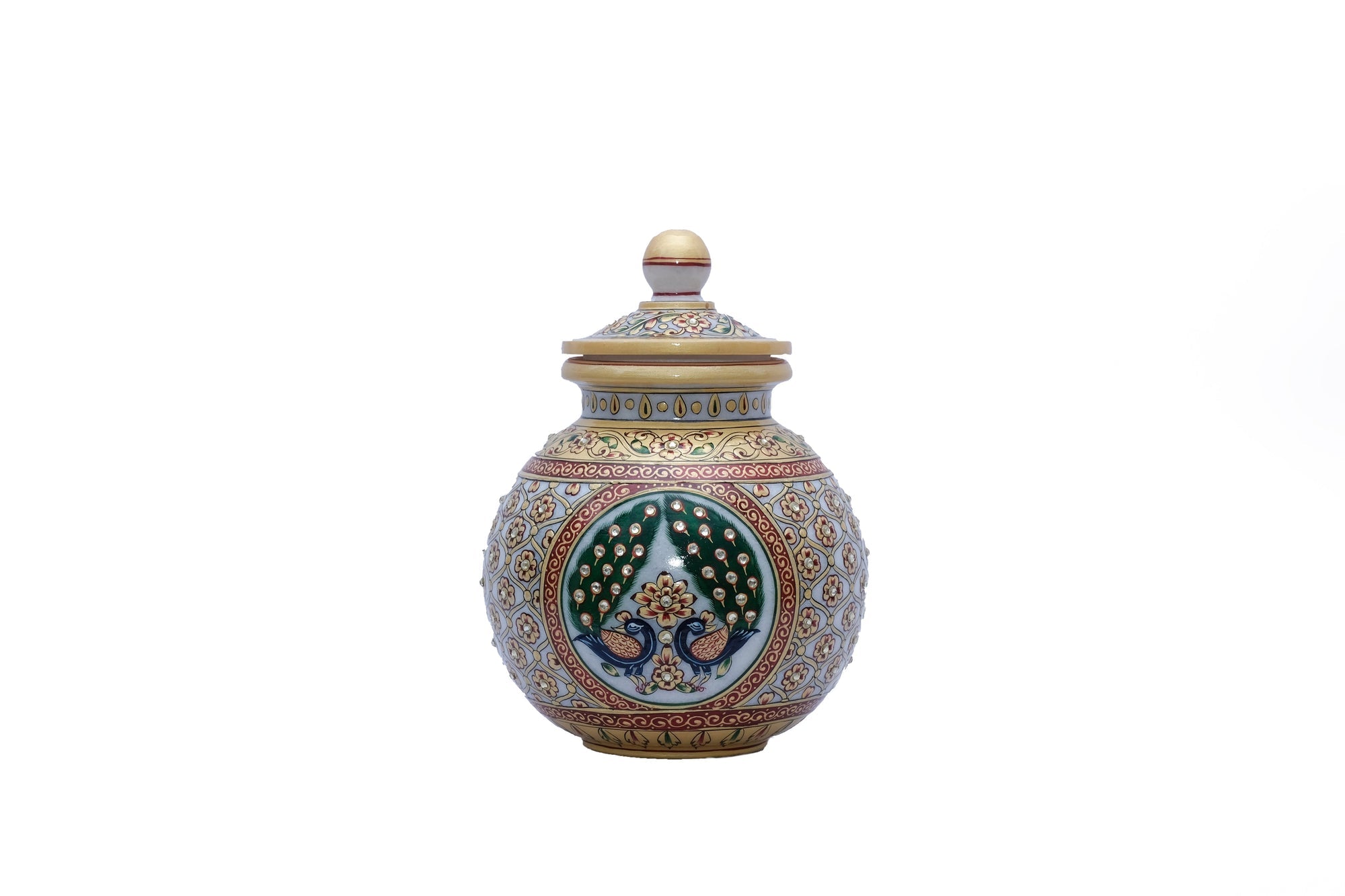 Round-Shaped Handpainted Minakari Barni (Storage Container) - 7 x 5 x 5inches