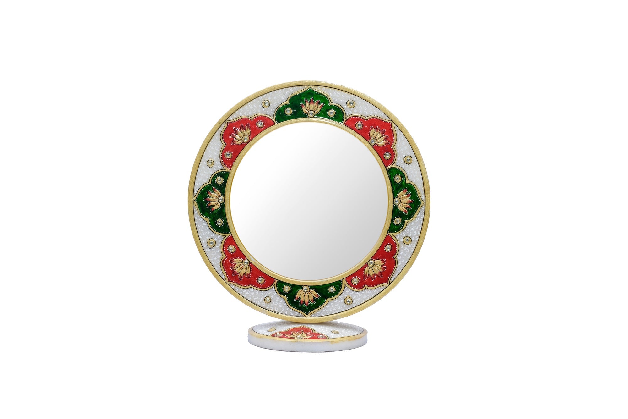 Handpainted Marble Minakari Mirror Circular Mirror Kundan Work With Stand - 9 x 8 x 4inches