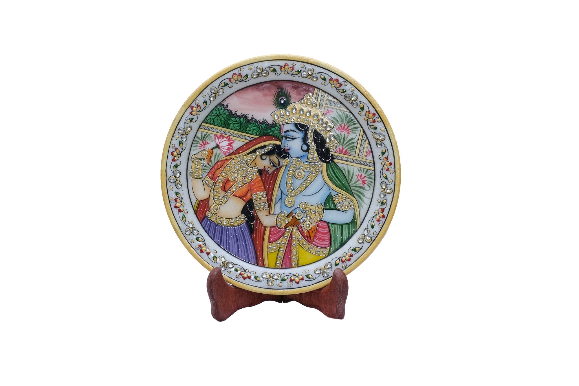 Marble Plate With Stand | Round Minakari Handpainted Plate - 2 x 9 x 9inches