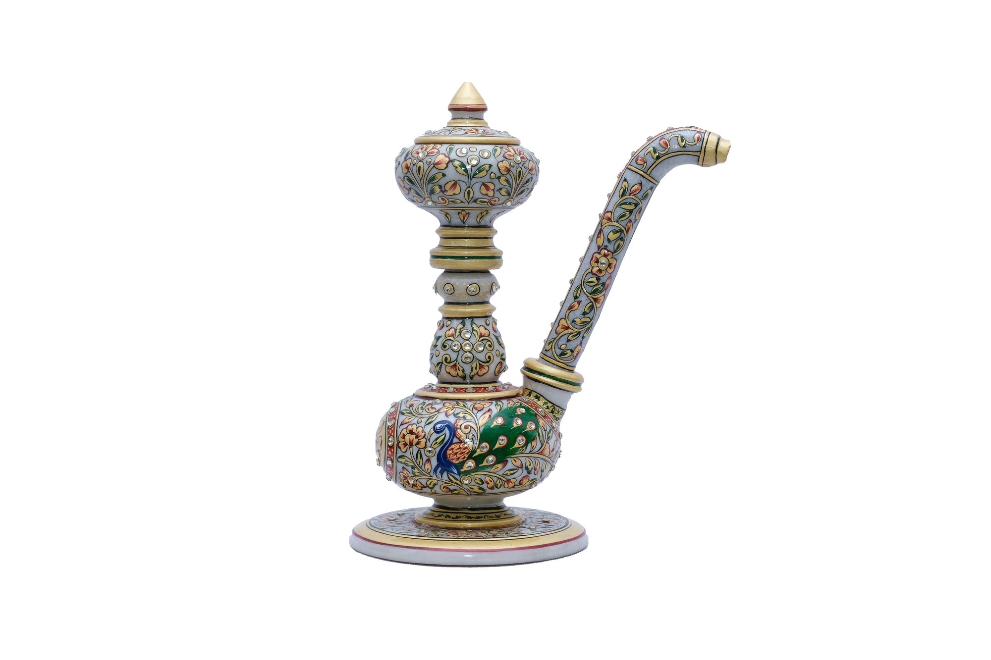 Marble Hookah With Handpainted Minakari Style Floral Peacock Design - 10 x 6 x 6inche