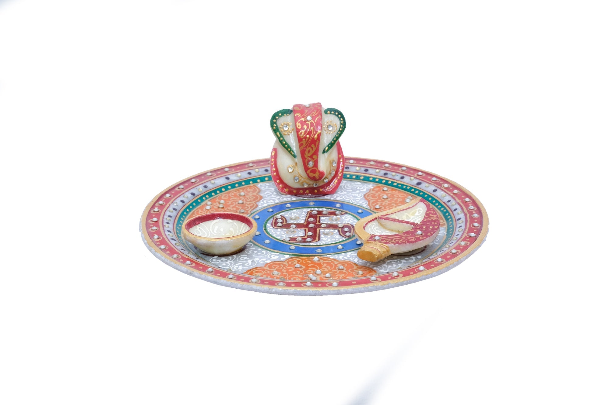 Marble Pooja Thali With Ghanesh, Dia & Kalash For Home - 3 x 9 x 9inches