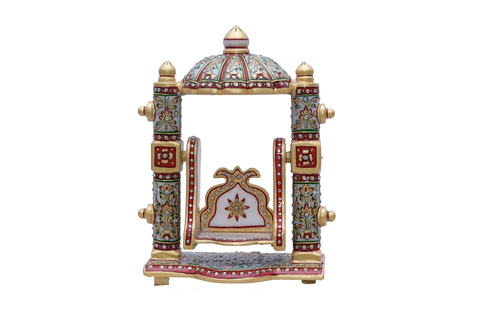 Handpainted Minakari Marble Singhasan Chair With Kundan Work - 5 x 6 x 4inches