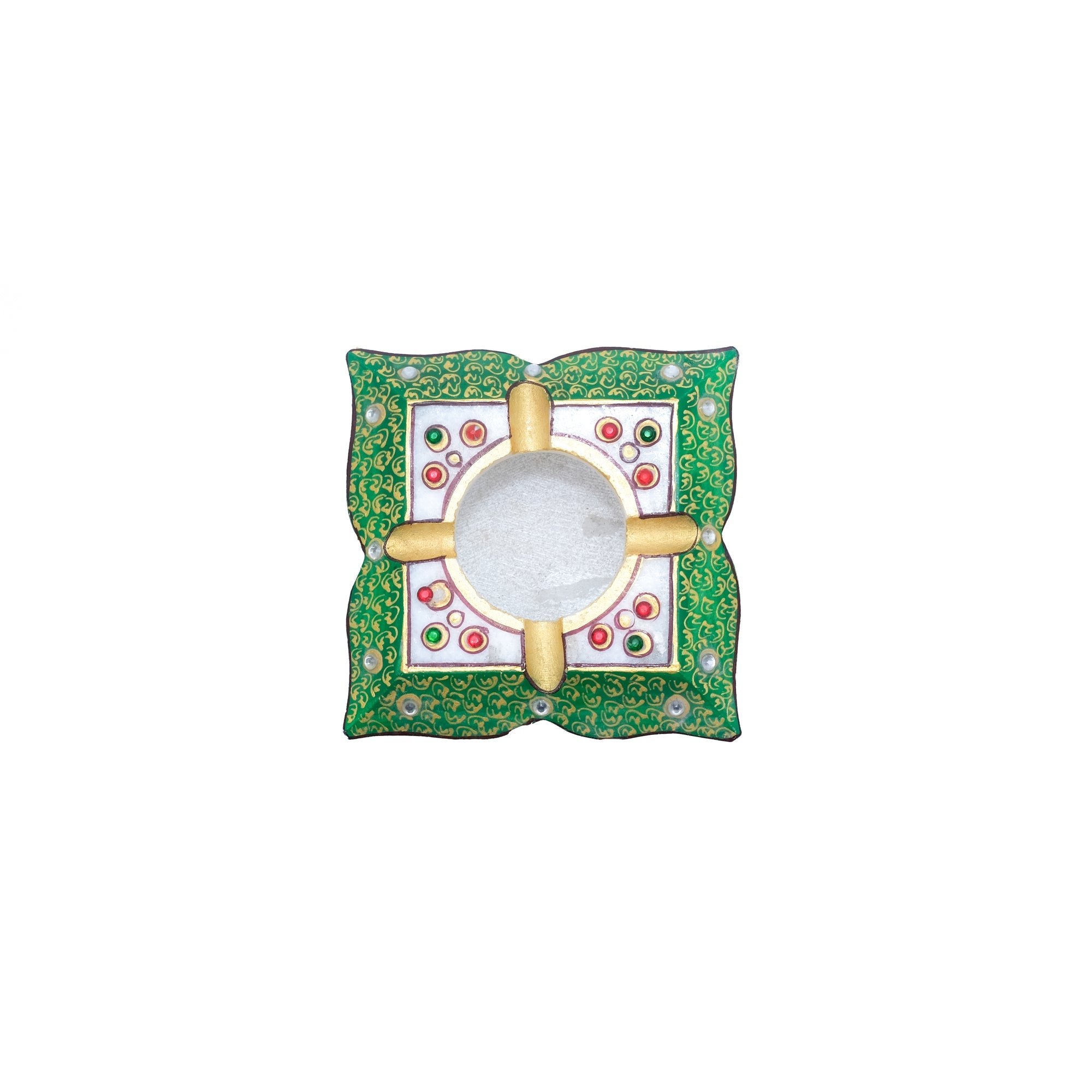 Marble Agarbatti Stand For Pooja With Kundan stones Red And Green - 2 x 4 x 3 inches