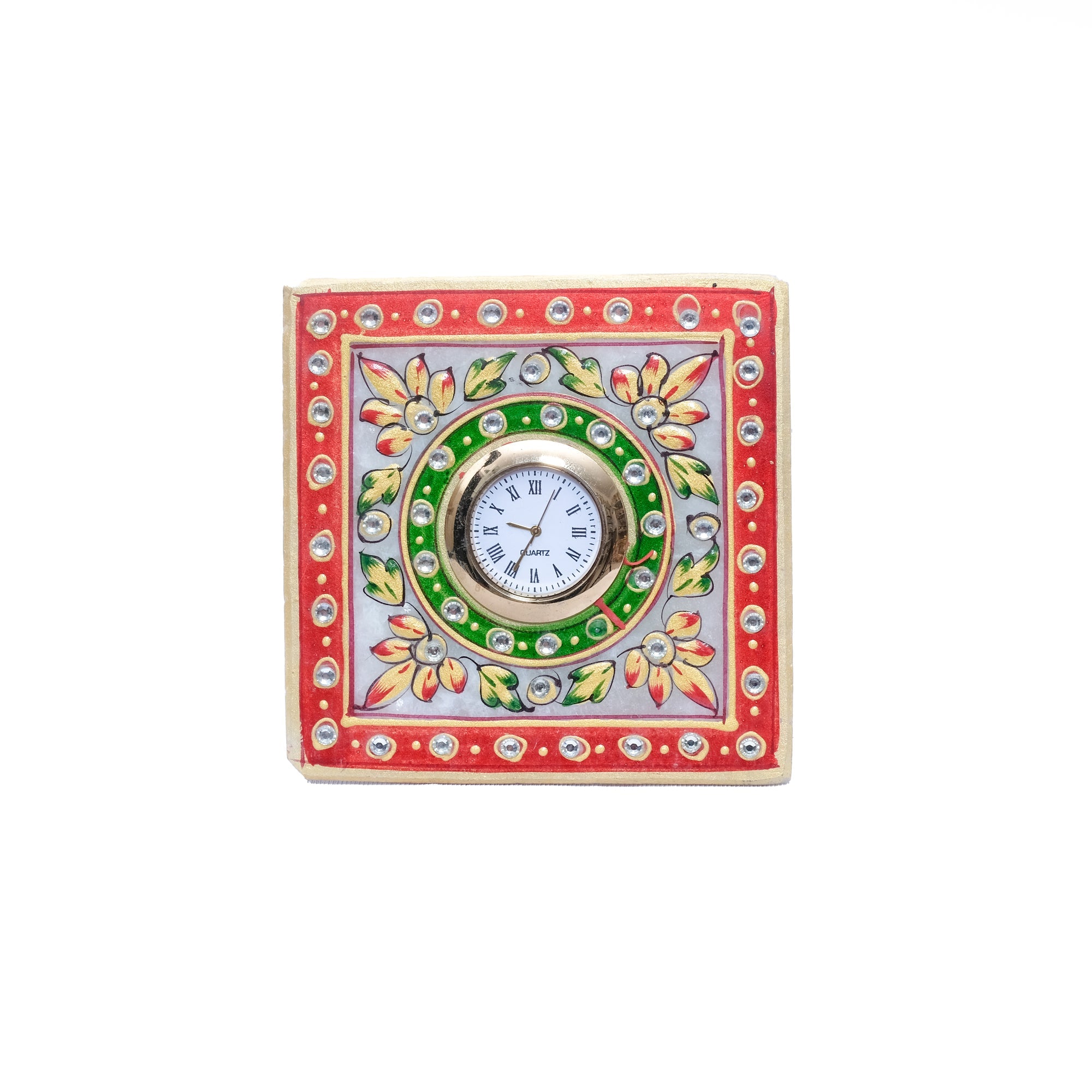 Marble Rectangular Clock With Kundan stones Red And Green Color - 1 x 4 x 4 inches