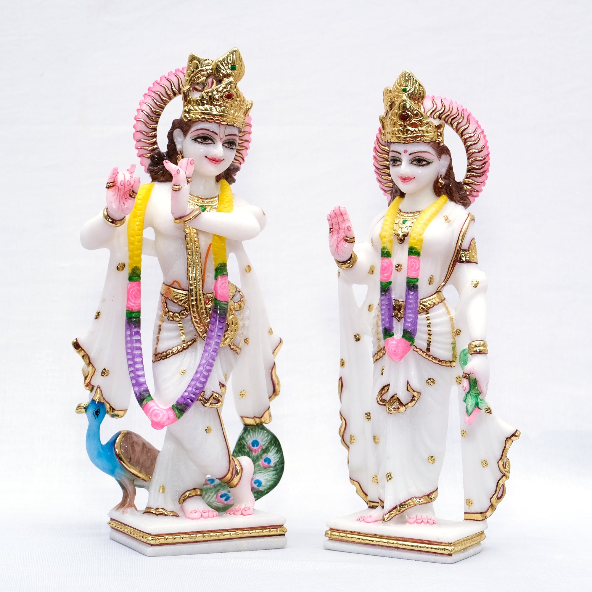 Makrana White Marble Jugal Jodi Radha Krishna and Peacock Murti For Temple - 12 x 13 x 5 inches