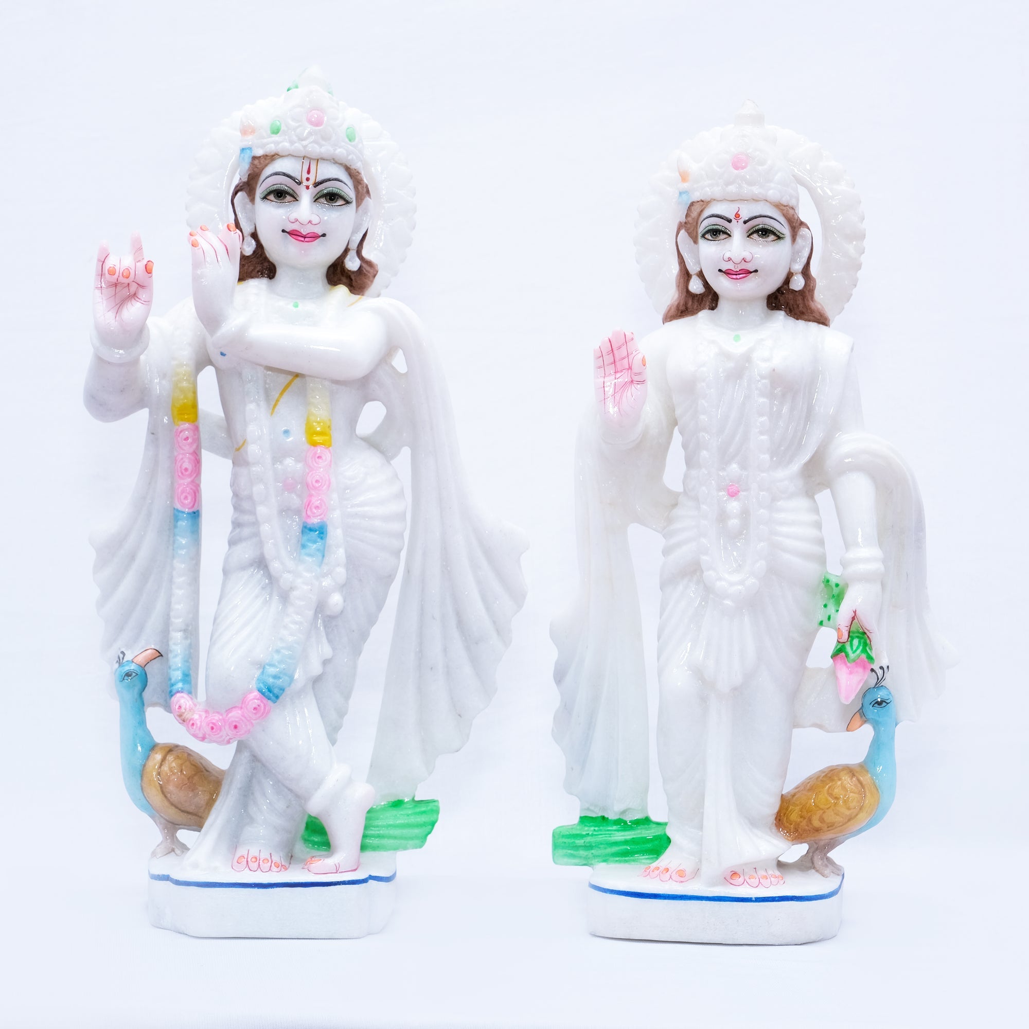 Radha Krishna Jodi With Two Peacocks in the Background Makrana Marble Murti - 12 x 6 x 3 inches