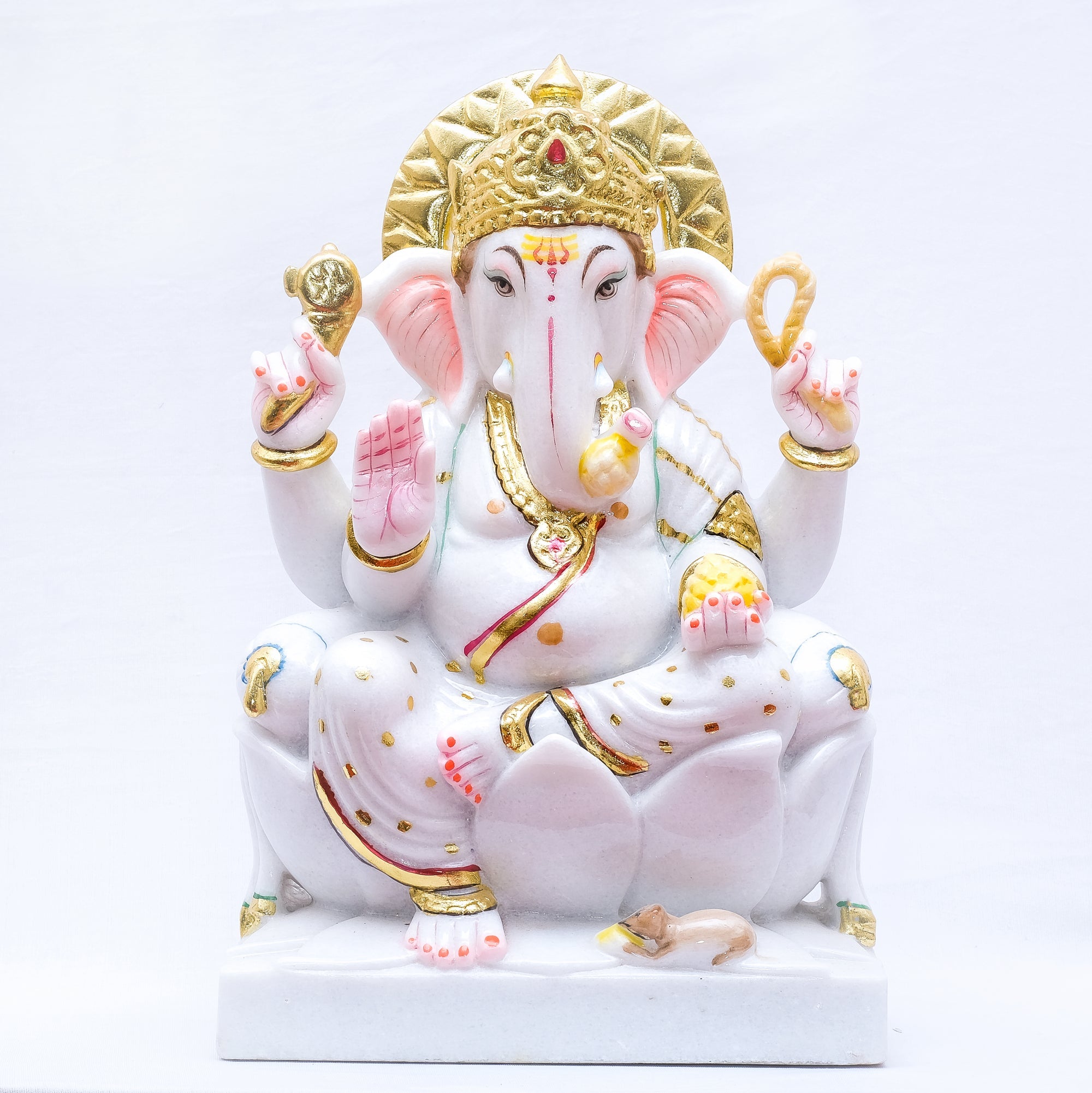 Vietnam White Marble Murti Vighnaharta Ganesh Ji Seated Atop Masand Pillow Statue - 19 x 12 x 6 inches