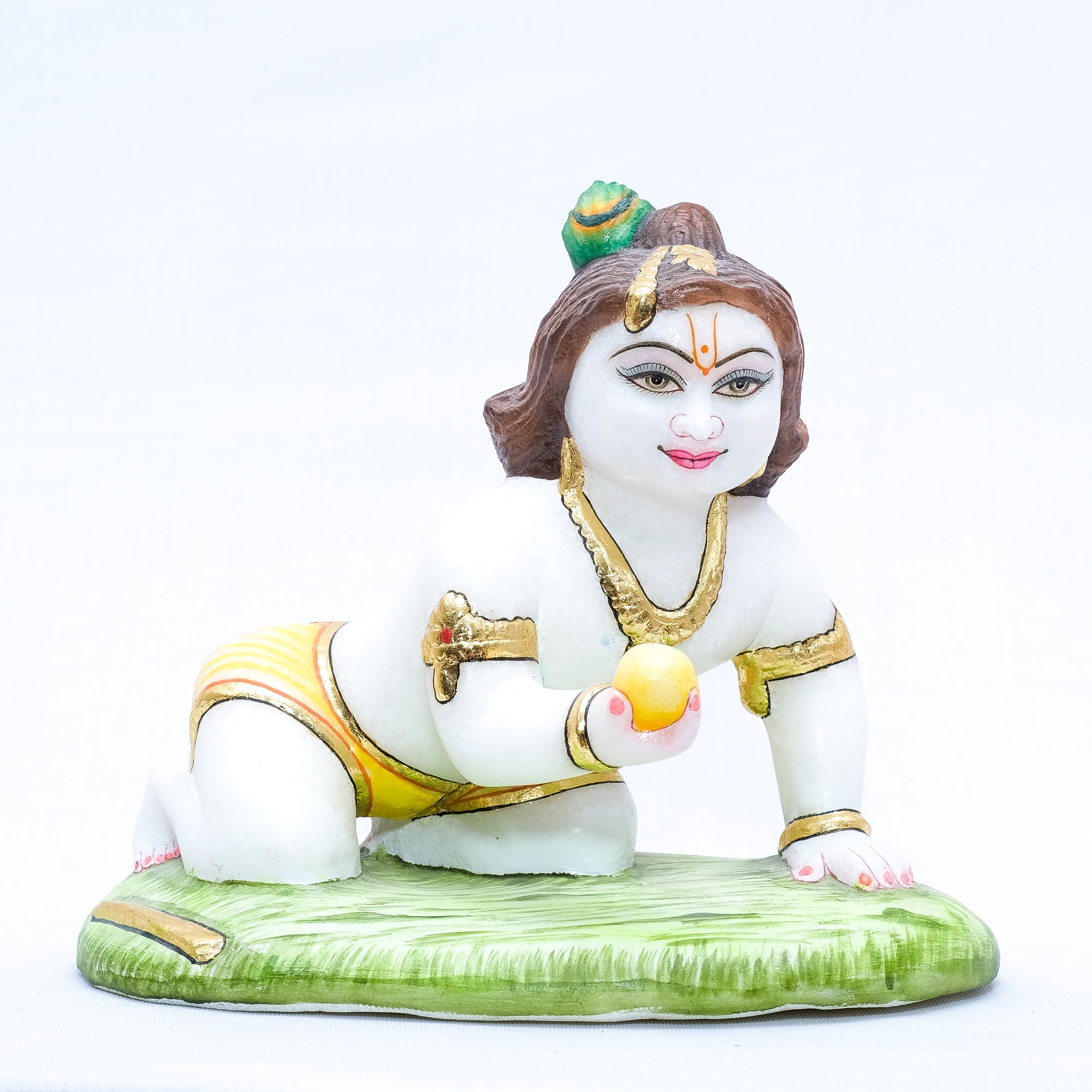 Marble Laddu Gopal Murti Minakari Handpainted Laddu Gopal Murti Green Base - 8 x 9 x 6 inches