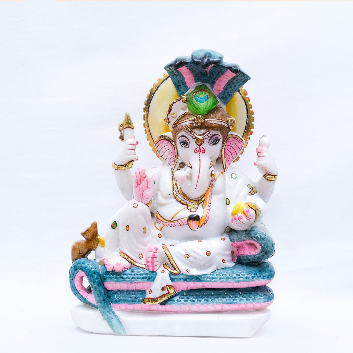 Marble Murti Vighnaharta Ganesh Ji Seated Atop Three-Mouthed Green Serpent - 12 x 9 x 4 inches