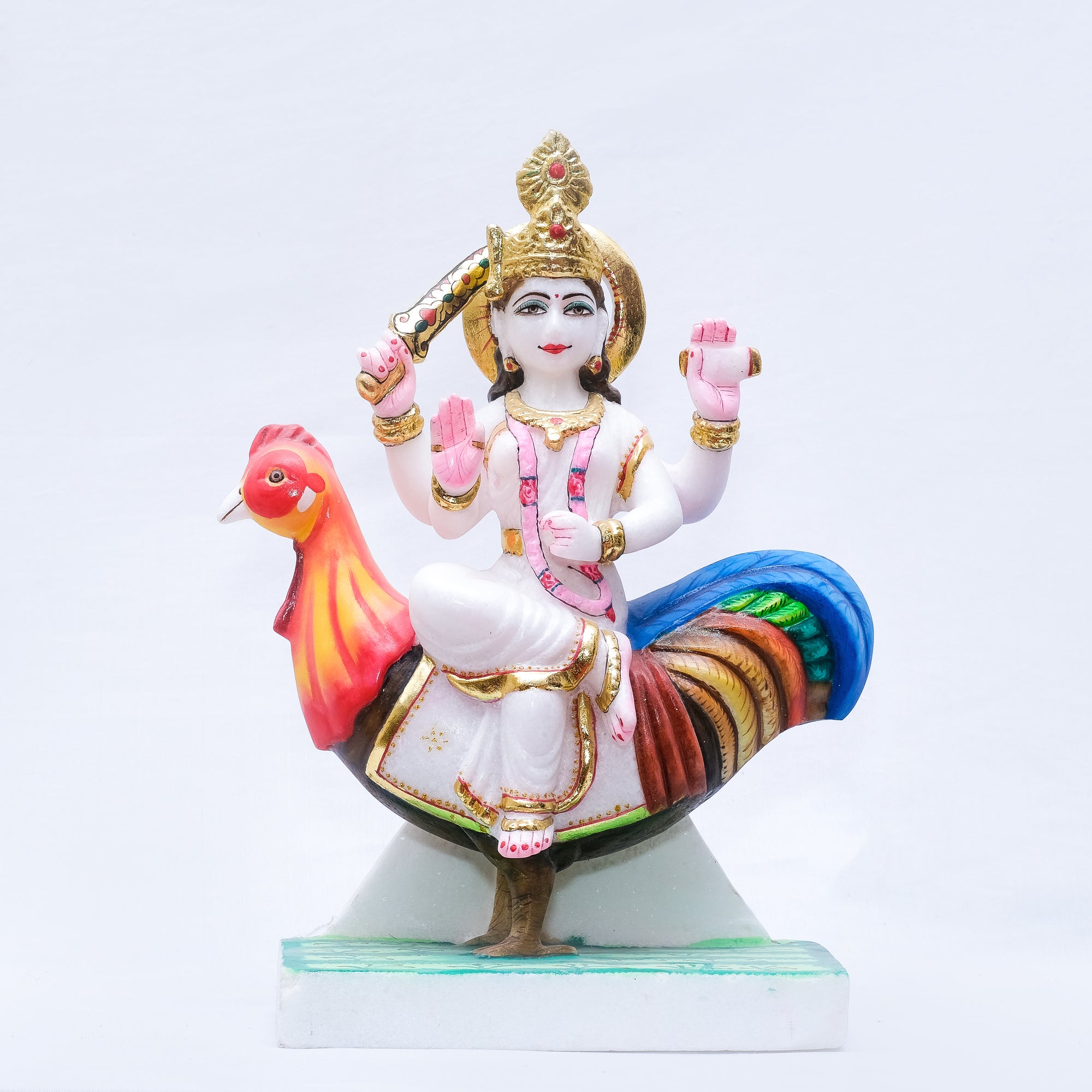 Vietnam Marble Bahuchara Mata on Chicken Statue Handpainted - 16 x 10 x 5 inches