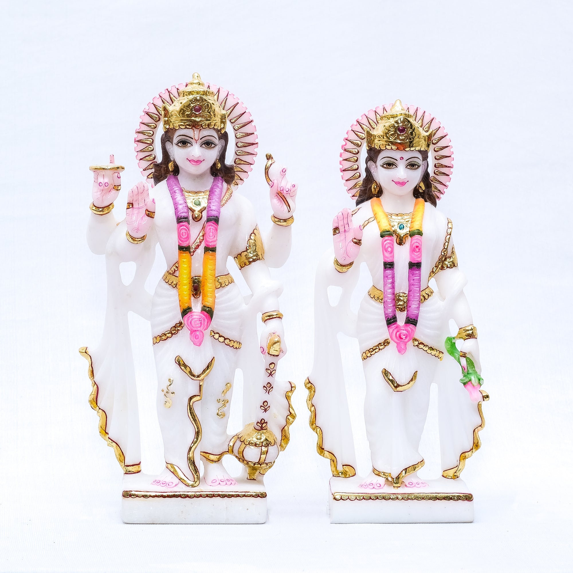 Makrana White Marble Vishnu Laxmi Jodi with Multi Color Mala Murti - 15 x 8 x 4 inches