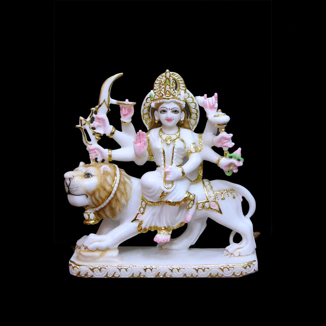 Durga Mata Cut-Gold Marble Statue - 12 x 9 x 4 inches