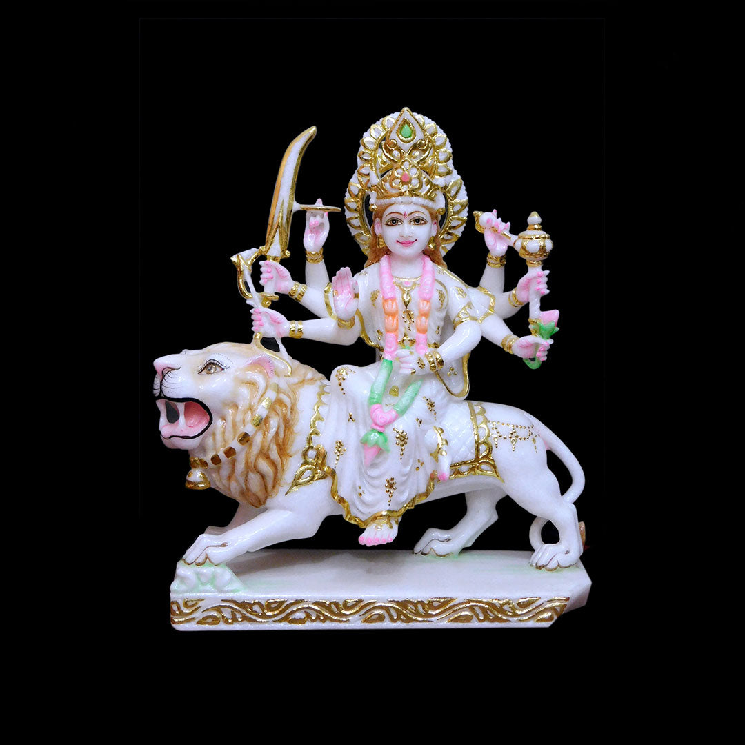 Durga Mata Cut-Gold Makrana White Marble - 15 x 11 x 5 inches