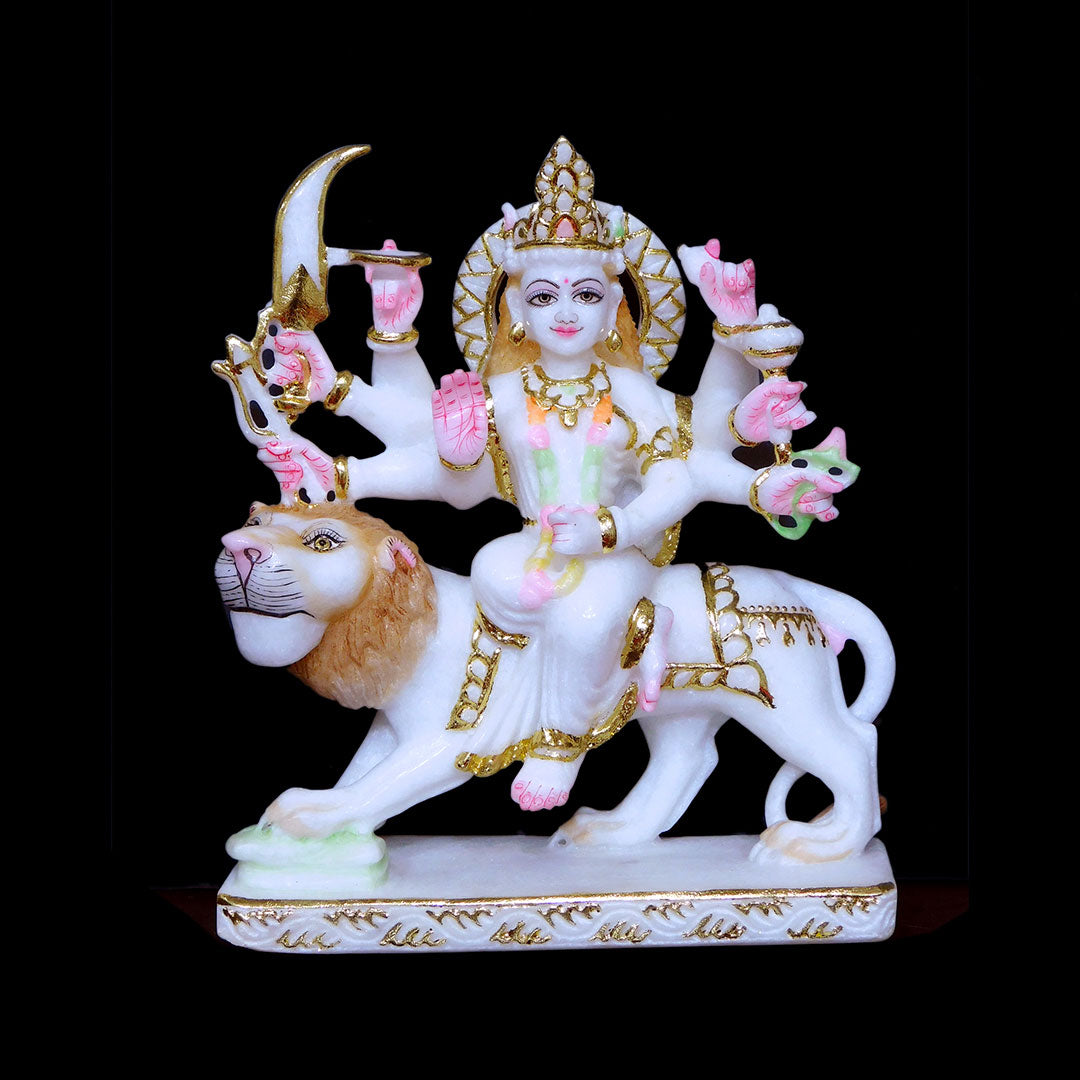 Durga Mata Cut-Gold Marble Statue For Temple - 12 x 9 x 4 inches