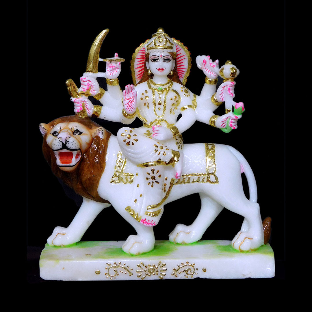 Durga Mata Cut-Gold Makrana White Marble Statue - 12 x 9 x 4 inches