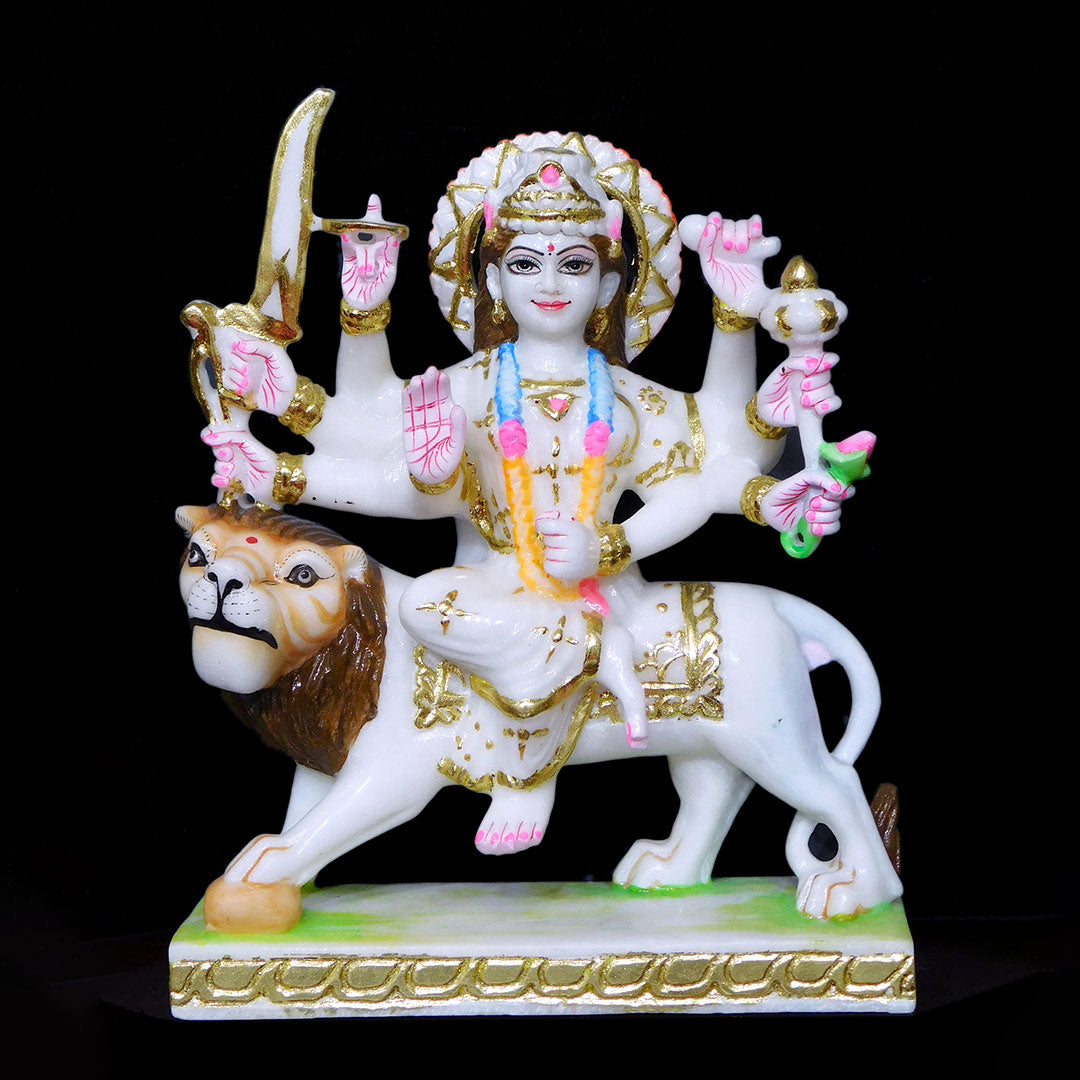 Durga Mata Cut-Gold Makrana White Statue - 12 x 9 x 4 inches