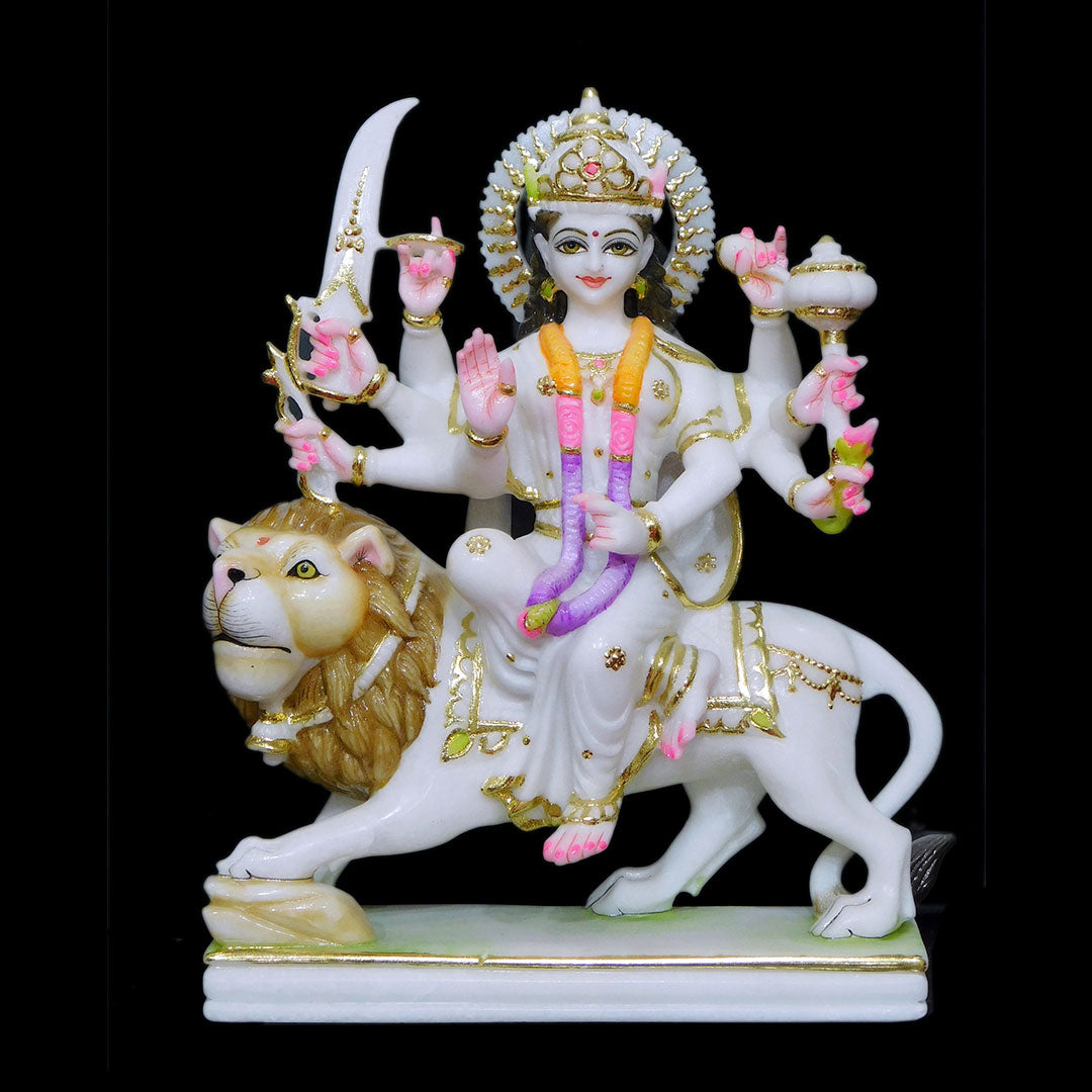 Durga Mata (Cut-Gold) Makrana Marble Statue For Temple - 12 x 9 x 4 inches