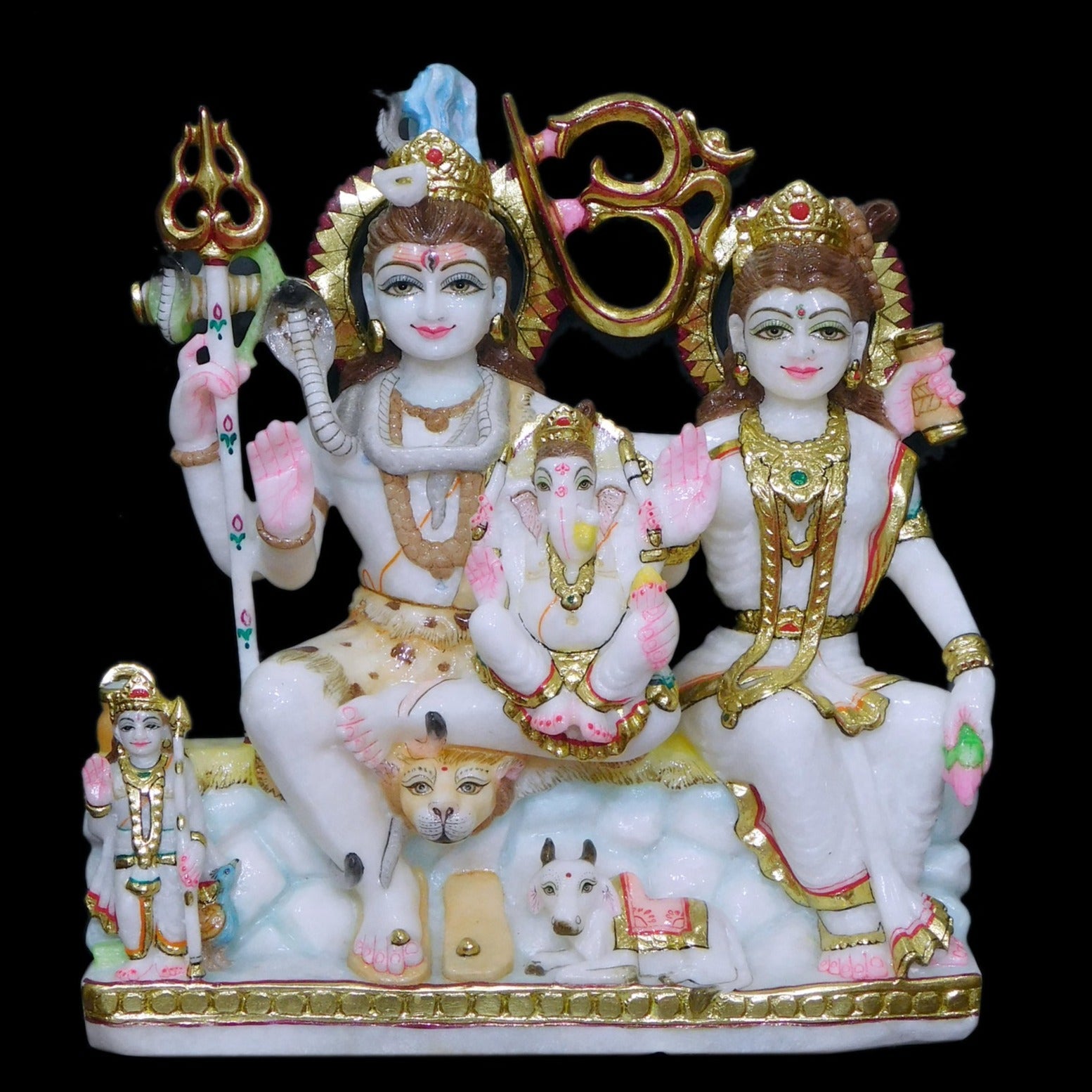 Pure White Marble Gauri Shankar Statue Unfinished With Ganesh Ji And Kartikeya - 16 x 14 x 5 inches