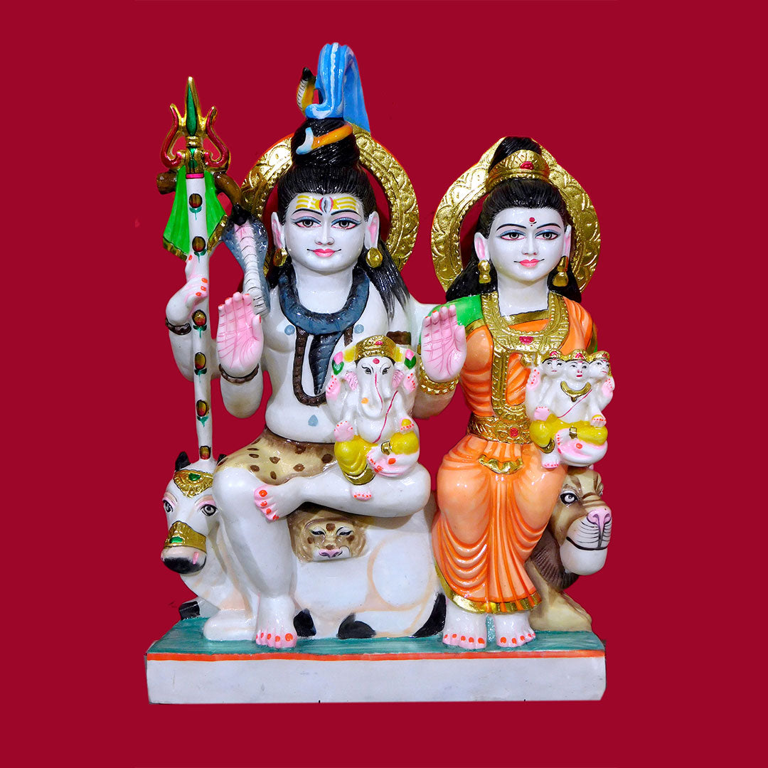 Shiv Pariwar (Gaurishankar) White Marble Statue For Temple - 36 x 24 x 12 inches