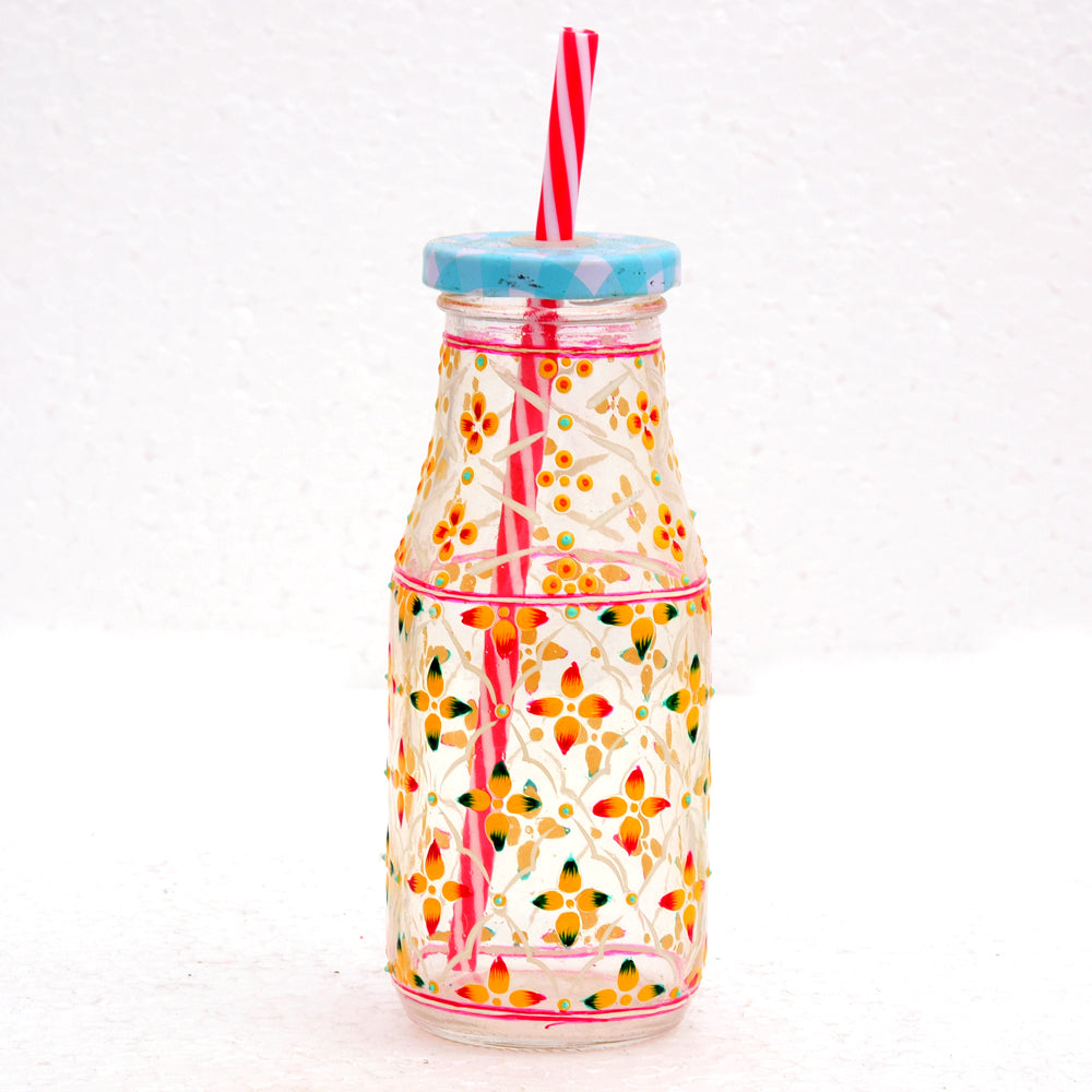 Hand Painted Juice Jar - Sipper-  "Sunny" Set of 4 Bottles