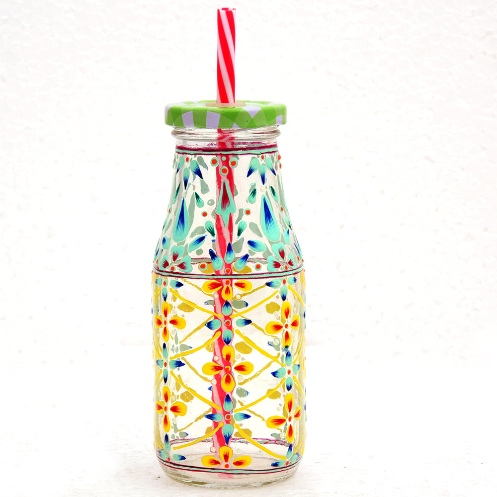 Hand Painted Juice Jar - Sipper-  "Tranquil" Set of 4 Bottles