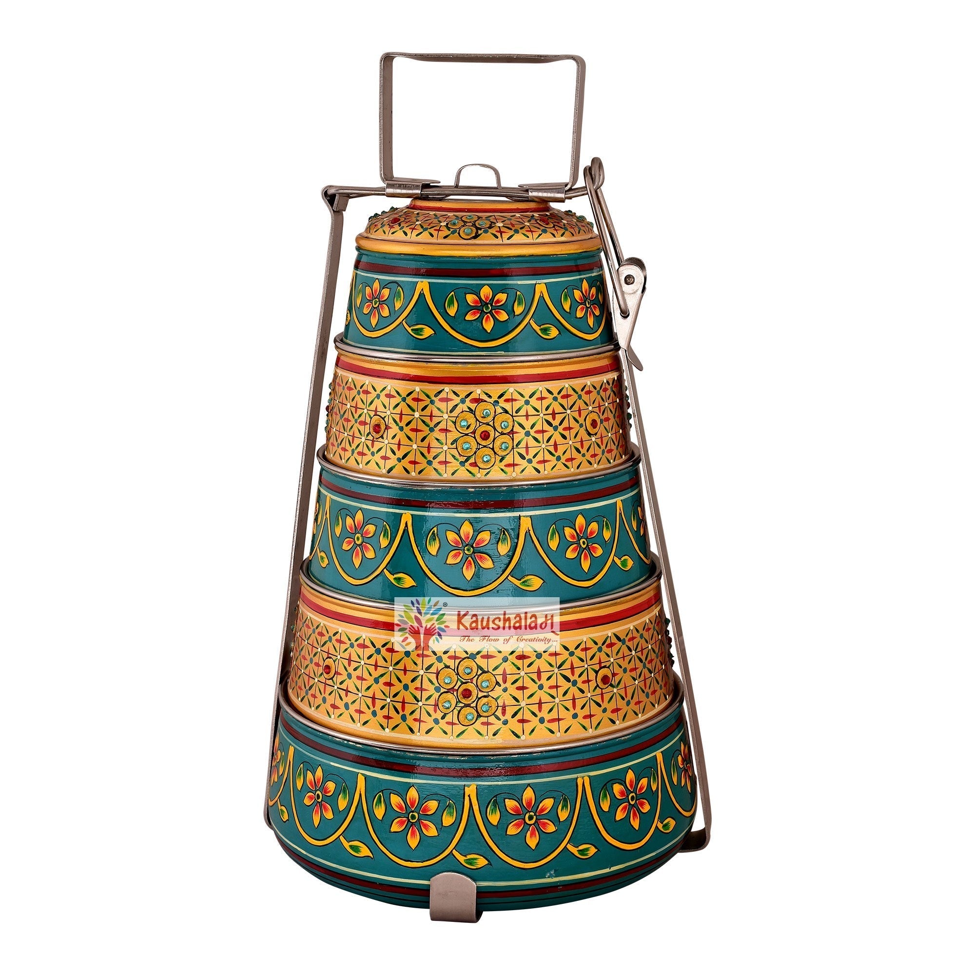 Kaushalam hand painted 5 tier steel pyramid tiffin- Gold & Green Lunch box, Meal for family, Picnic box, large Bento box, Christmas gift, reusable tiffin