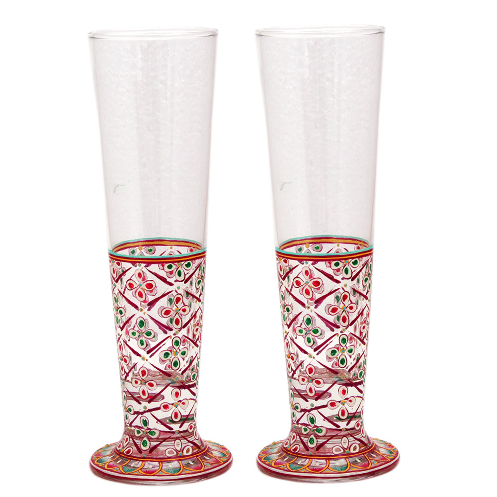 Hand Pinted Tall Beer Glass Set, 420ml, Set of 2 : Mughal Garden Red