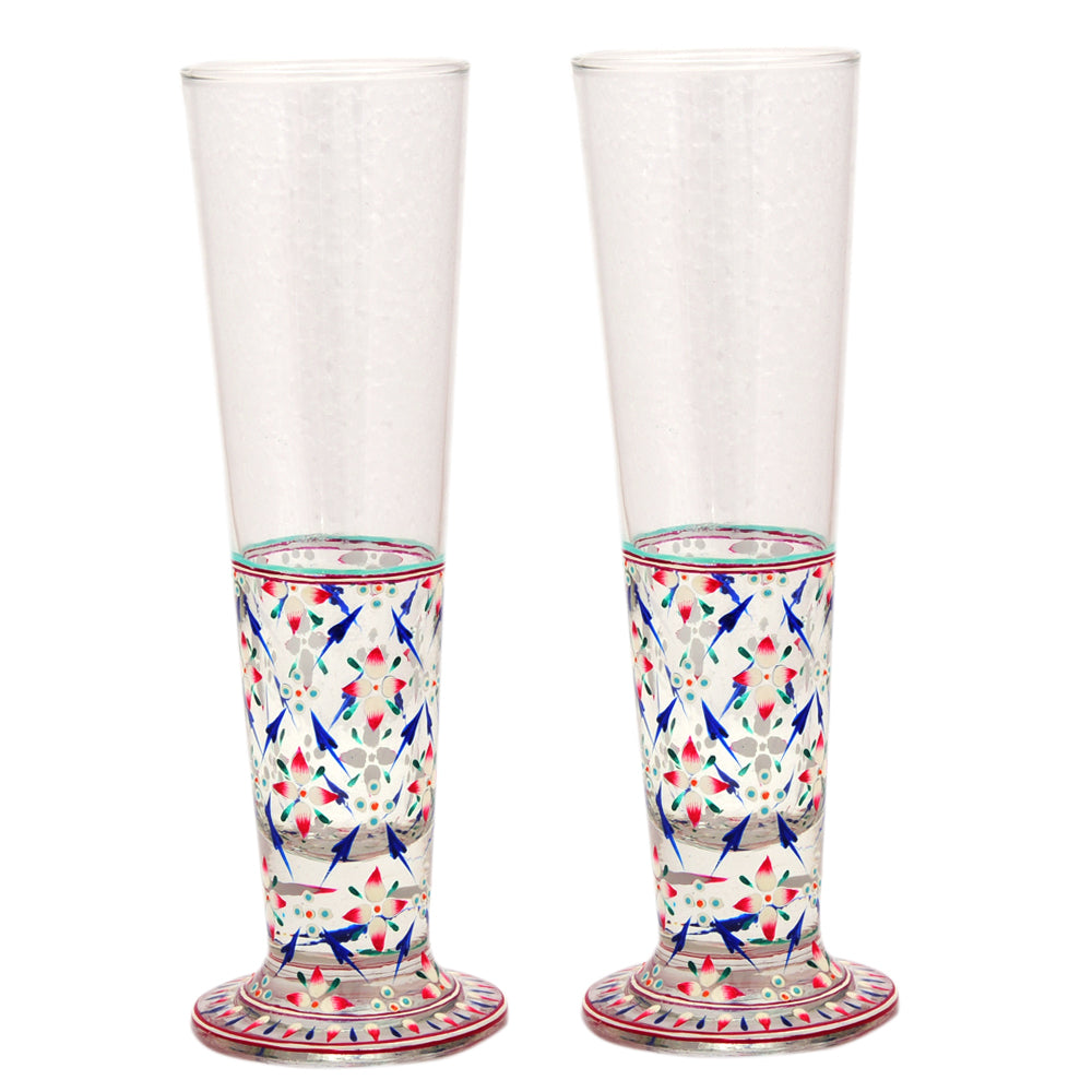 Hand Pinted Tall Beer Glass Set, 420ml, Set of 2 : Mughal Garden Flower Multi colour