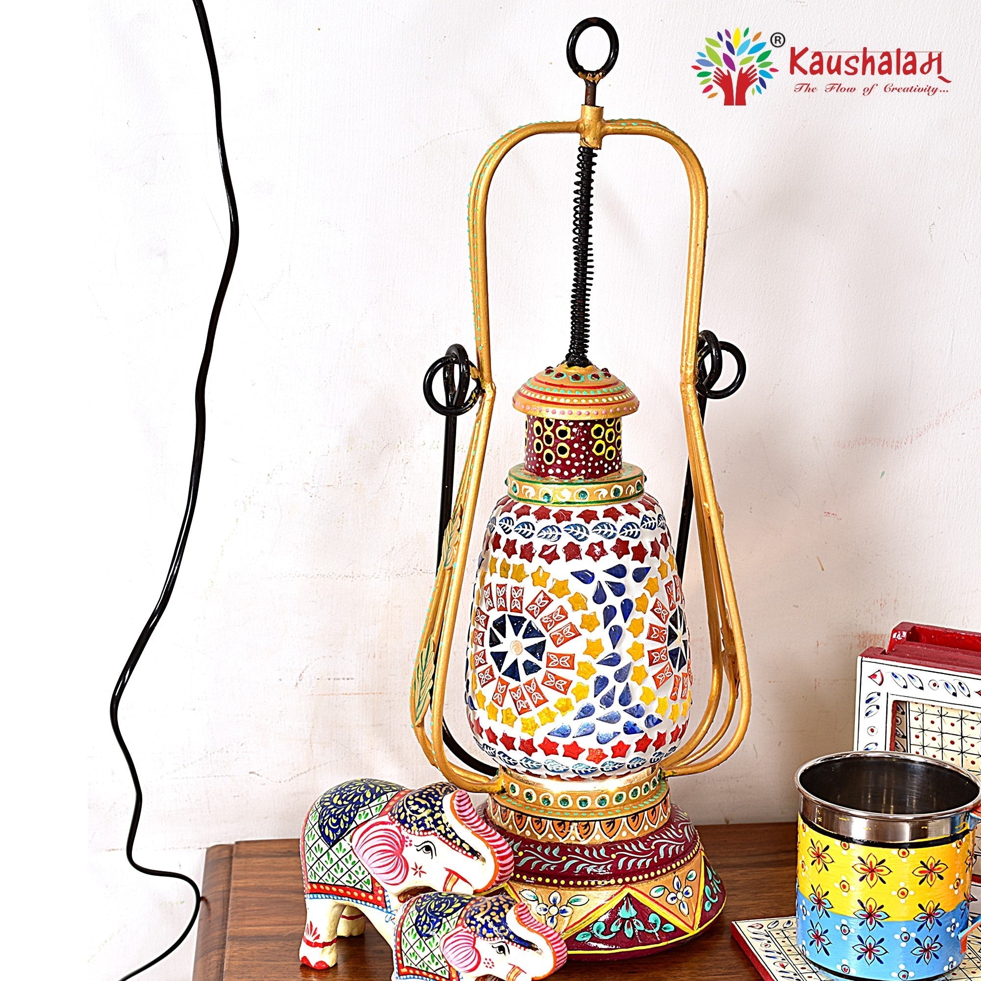 Hand Painted Lantern with Bulb : Ethnic Mosaic Bed Side Lamp Gold & Brownish Red