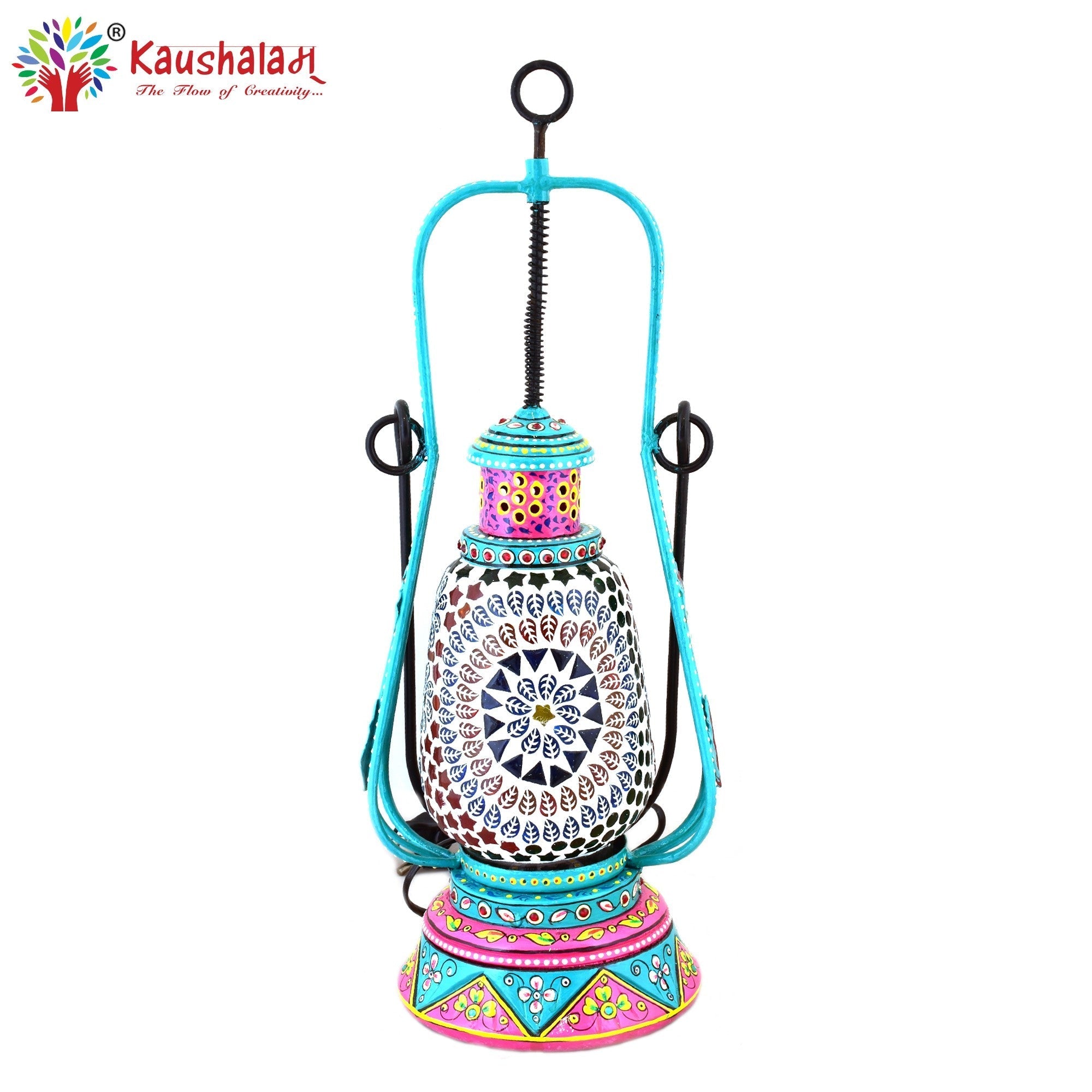 Hand Painted Lantern with Bulb : Ethnic Mosaic Bed Side Lamp, Sky Blue & Pink