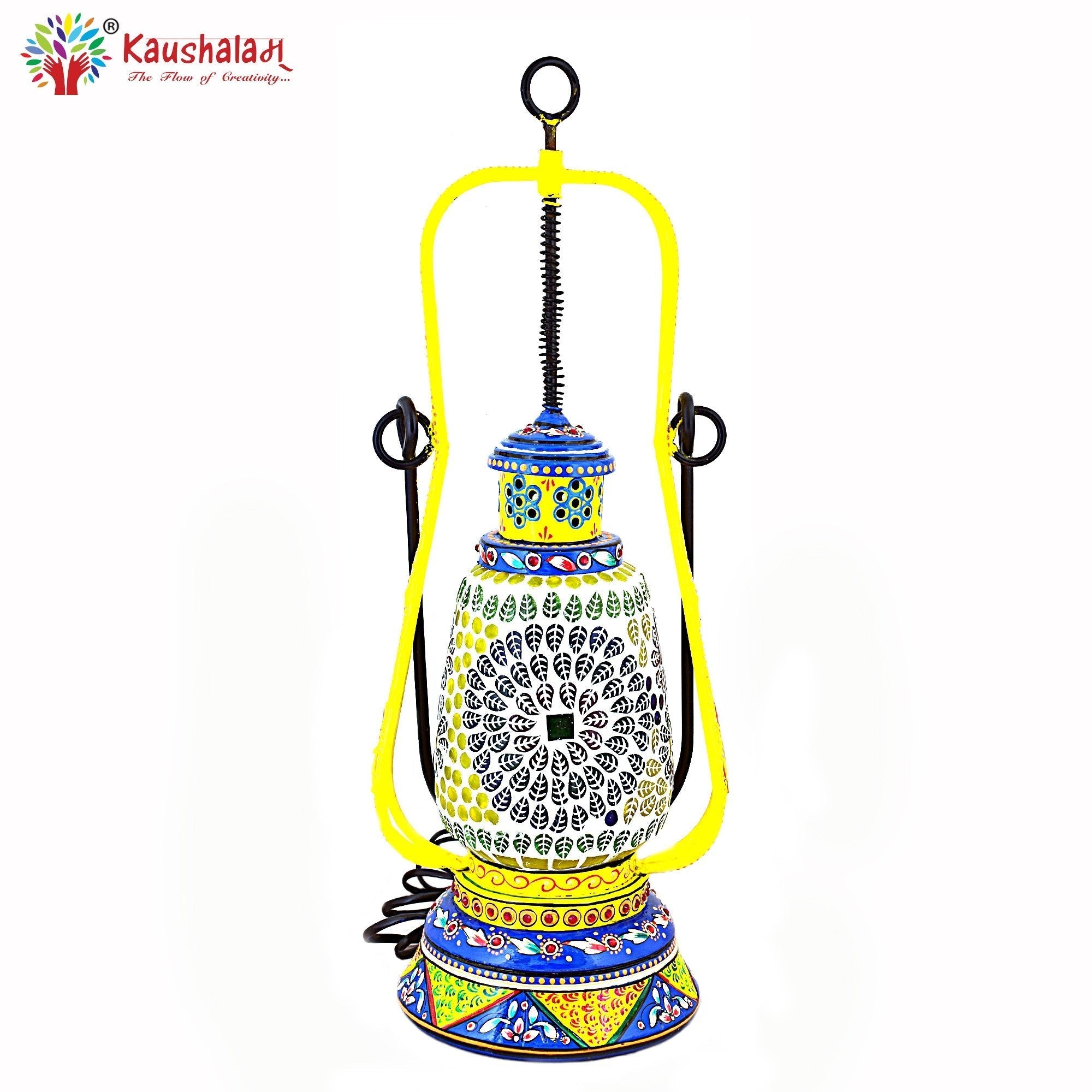 Hand Painted Lantern with Bulb : Ethnic Mosaic Bed Side Lamp, Turquoise-blue & Lemon Yellow