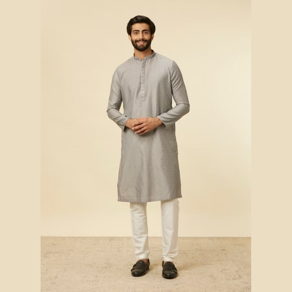 Manyawar Dark Grey Paisley Patterned Kurta Set - India shopping