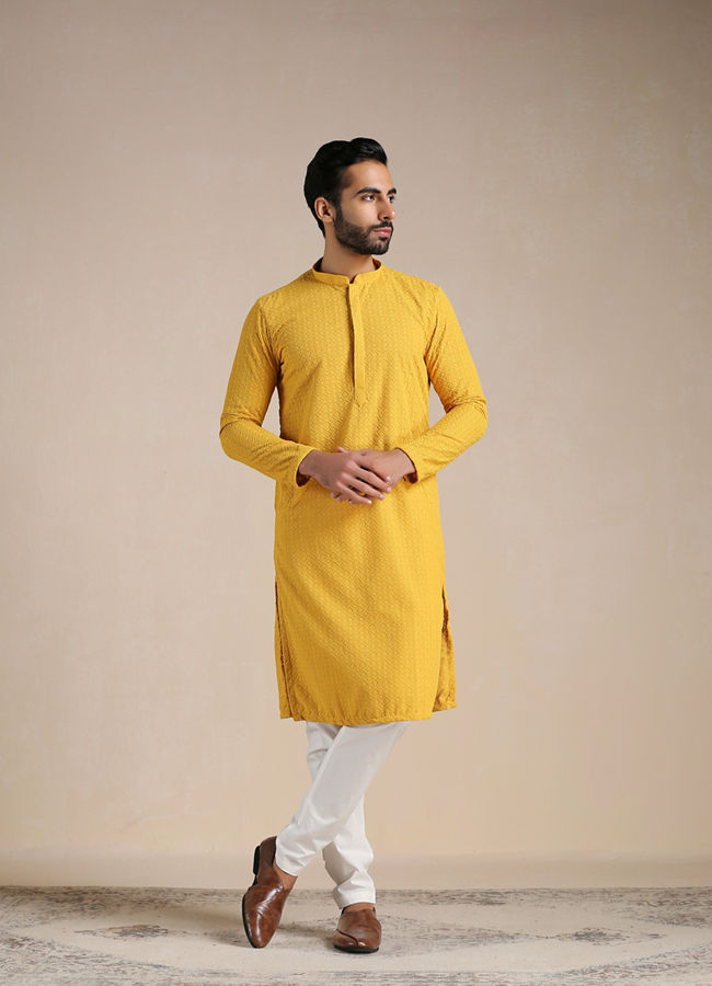 Manyawar Aspen Gold Yellow Chikankari Kurta Set - India shopping