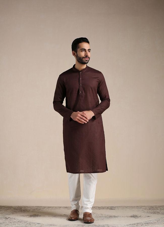 Manyawar Deep Mahogany Brown Embellished Buttoned Kurta Set - India shopping