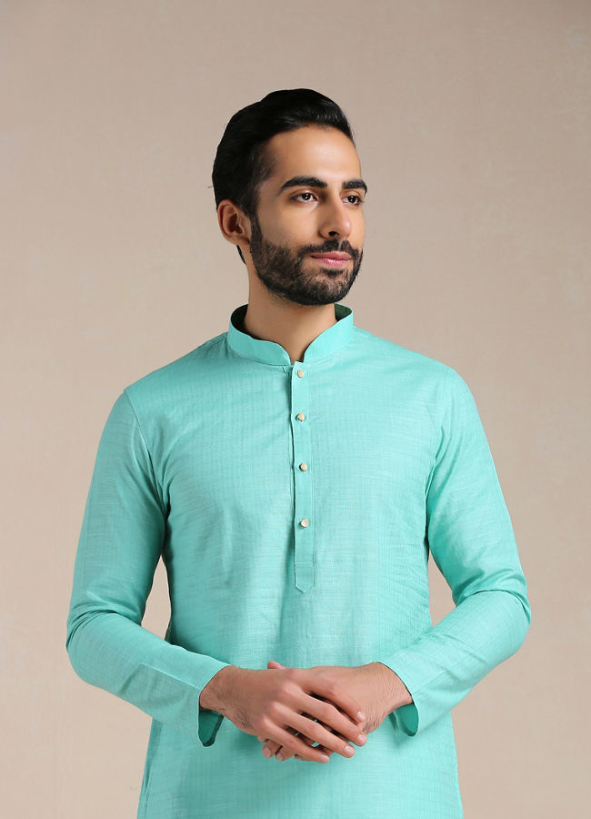 Manyawar Turquoise Green Mandarin Collared Kurta Set