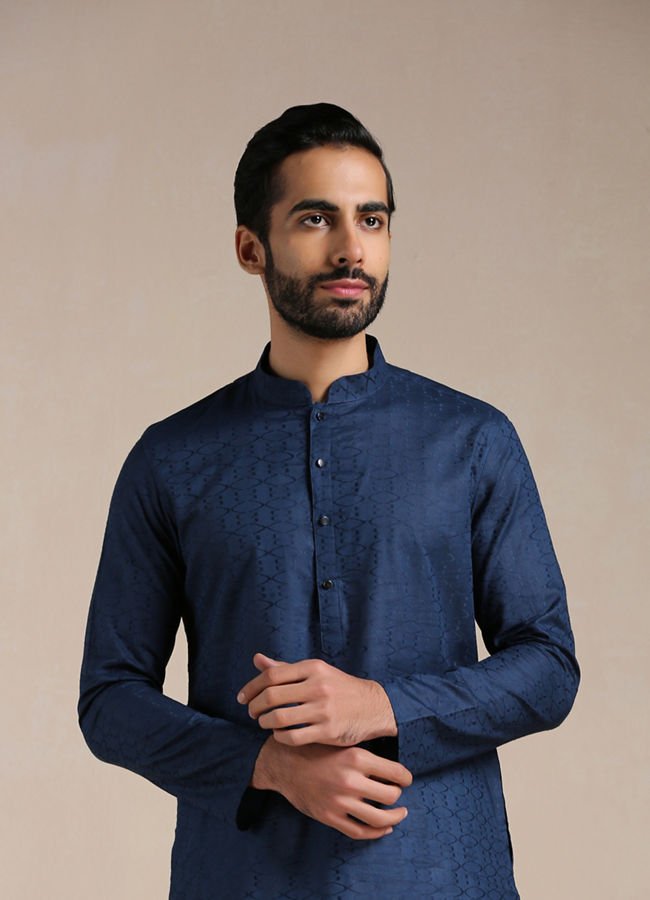 Manyawar Space Blue Self Design Kurta Set