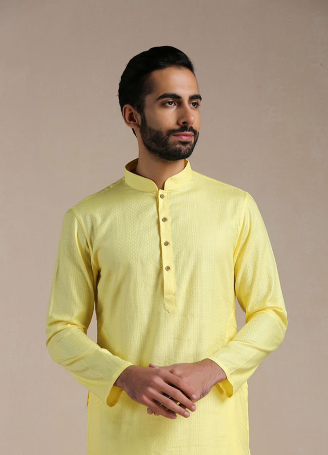 Manyawar Crayola Yellow Self Patterned Kurta Set