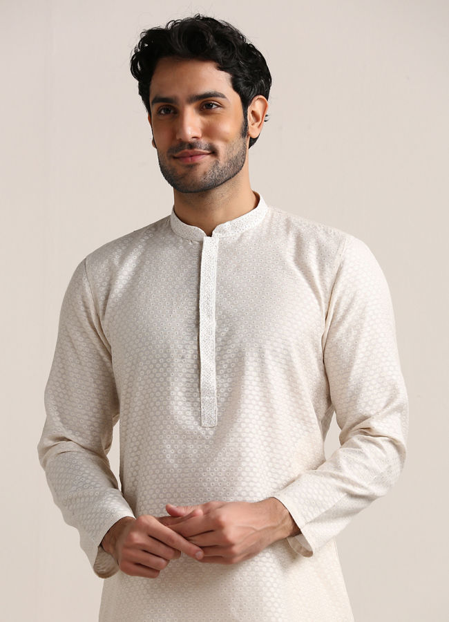 Manyawar White Booti Self Motif Kurta Pajama