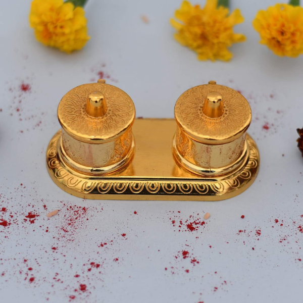 Metal Double Dabbi Shape Chandan Roli Platter | Set Of 2